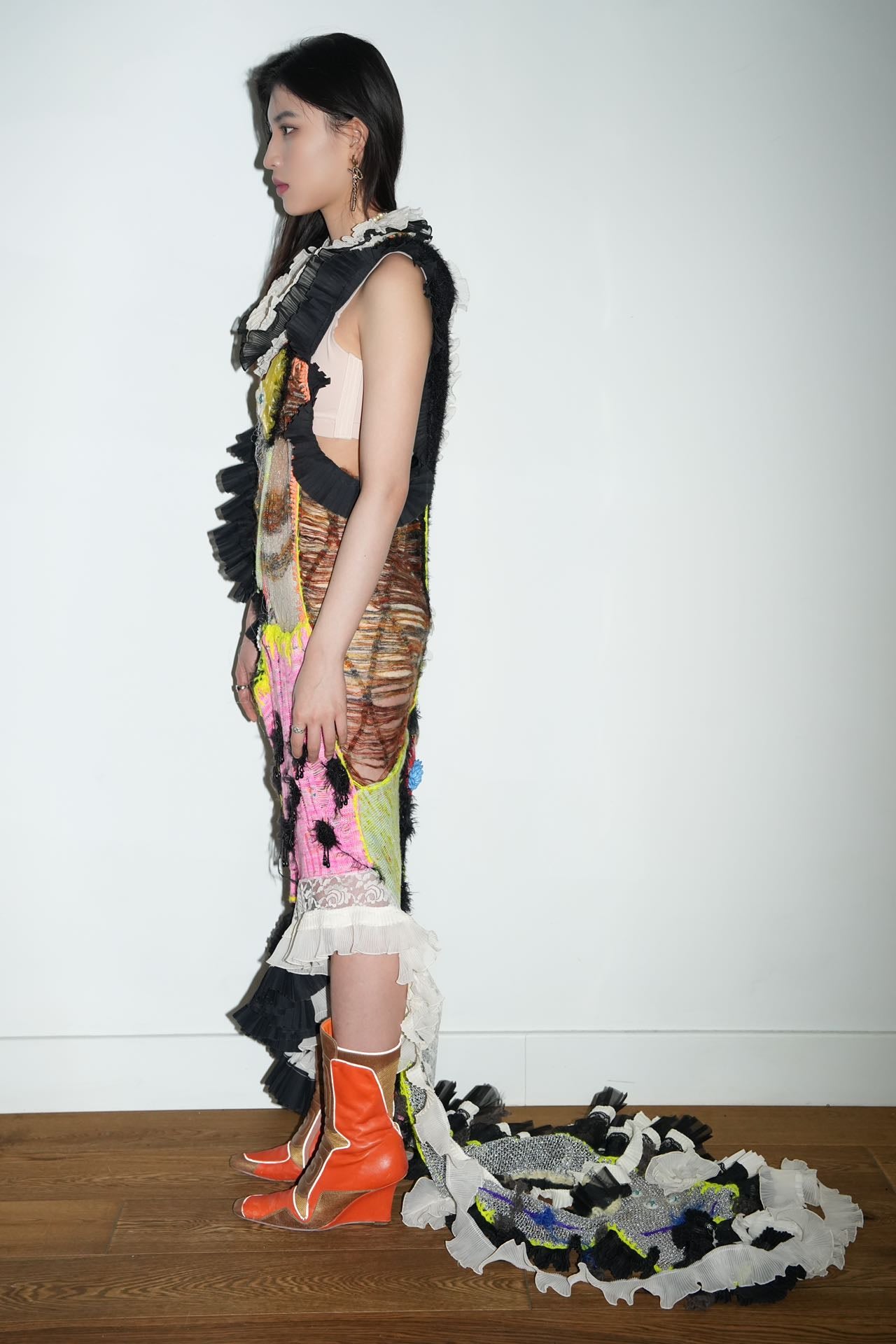 YAONOVA Hand-Knitted Ruffle Dress with Train