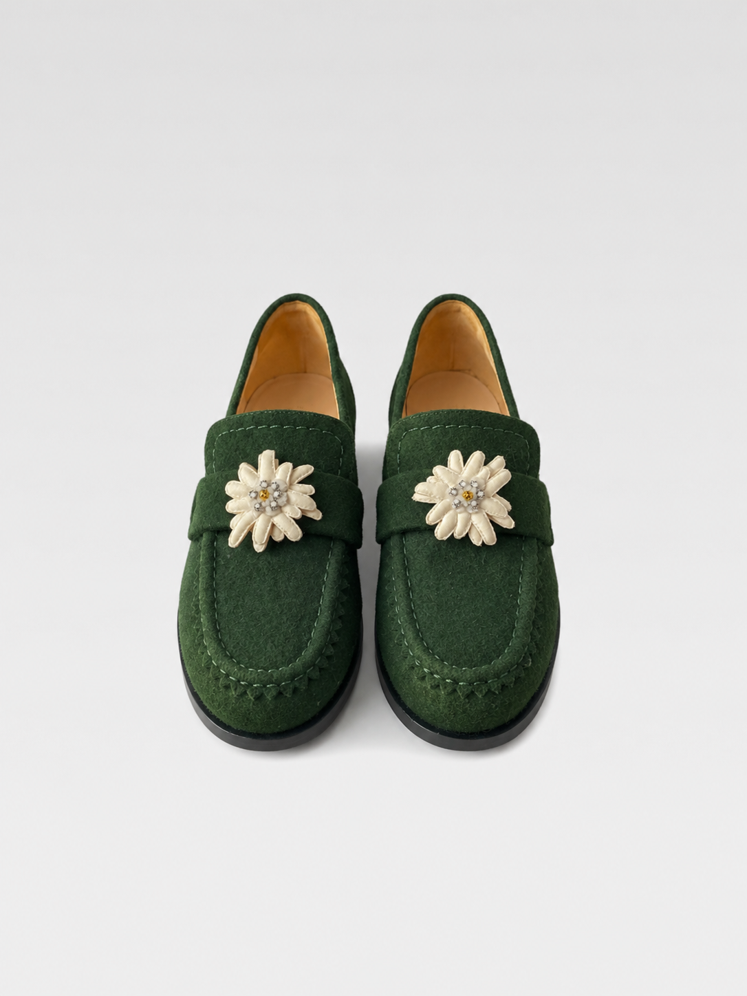 Chanel Métiers d’Art Salzburg Edelweiss Felt Flower Loafers – Suede Alpine Green Handmade Runway Shoes (Near New)