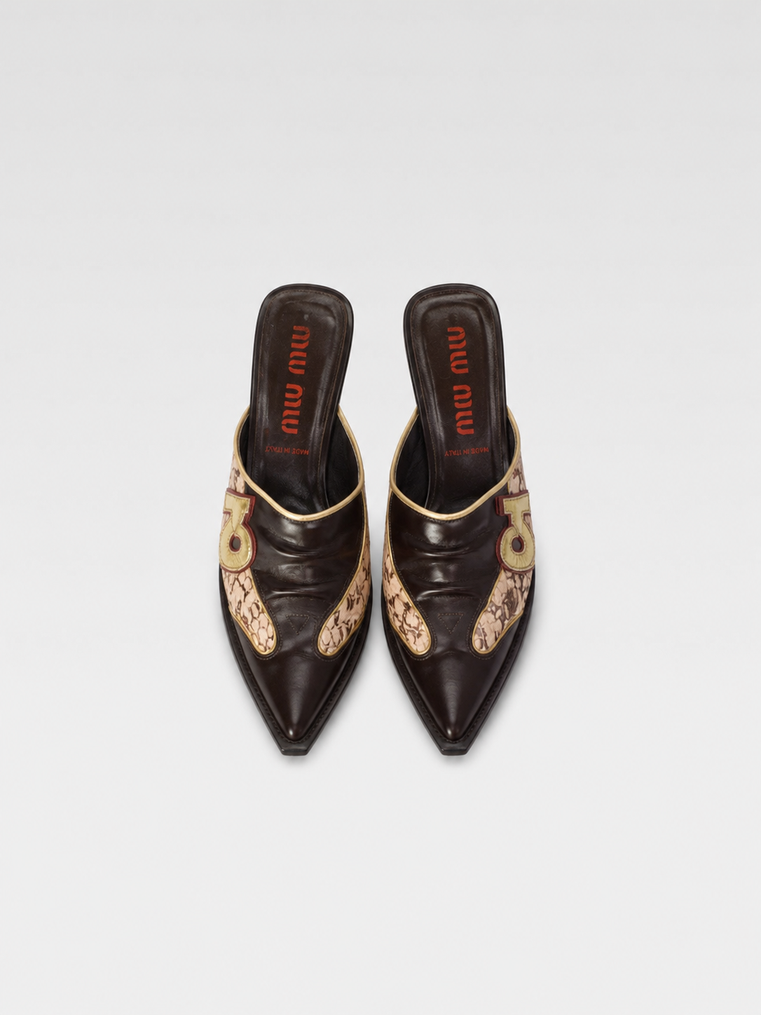 Miu Miu Y2K SS2000 Runway Sporty Snake Print Leather Number "3" Pointy Mules