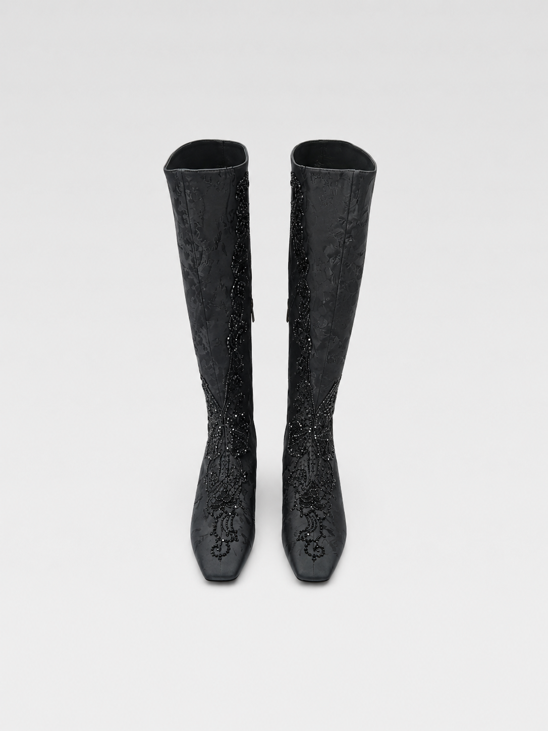 Christian Lacroix Embroidered Black Knee-High Boots Beaded Baroque Couture Style Archive Heels