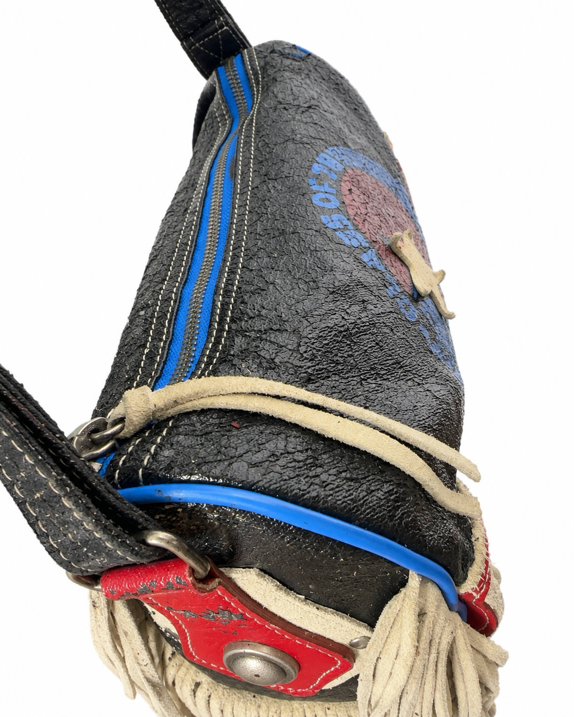 Diesel Vintage Y2K “Spare Parts” Fringe Shoulder Bag – Rare Black Graphic Leather Crossbody Bag