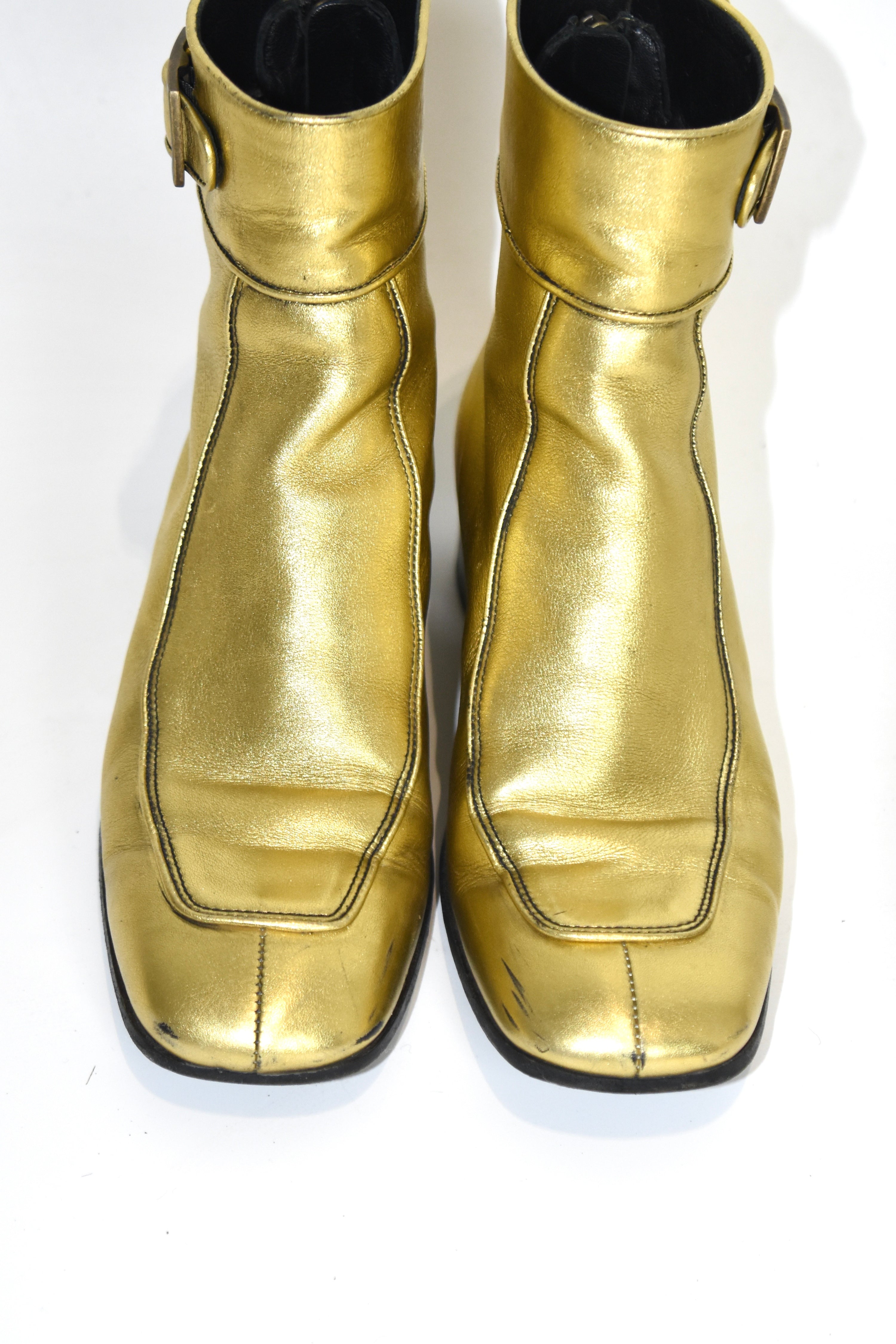 Saint Laurent Gold Sculpted Leather Ankle Boots