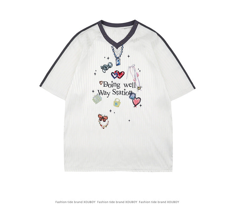 Sweet Sports Jersey V Collar pink short sleeves Unisex T-shirt 2025 Summer Fashion Trend