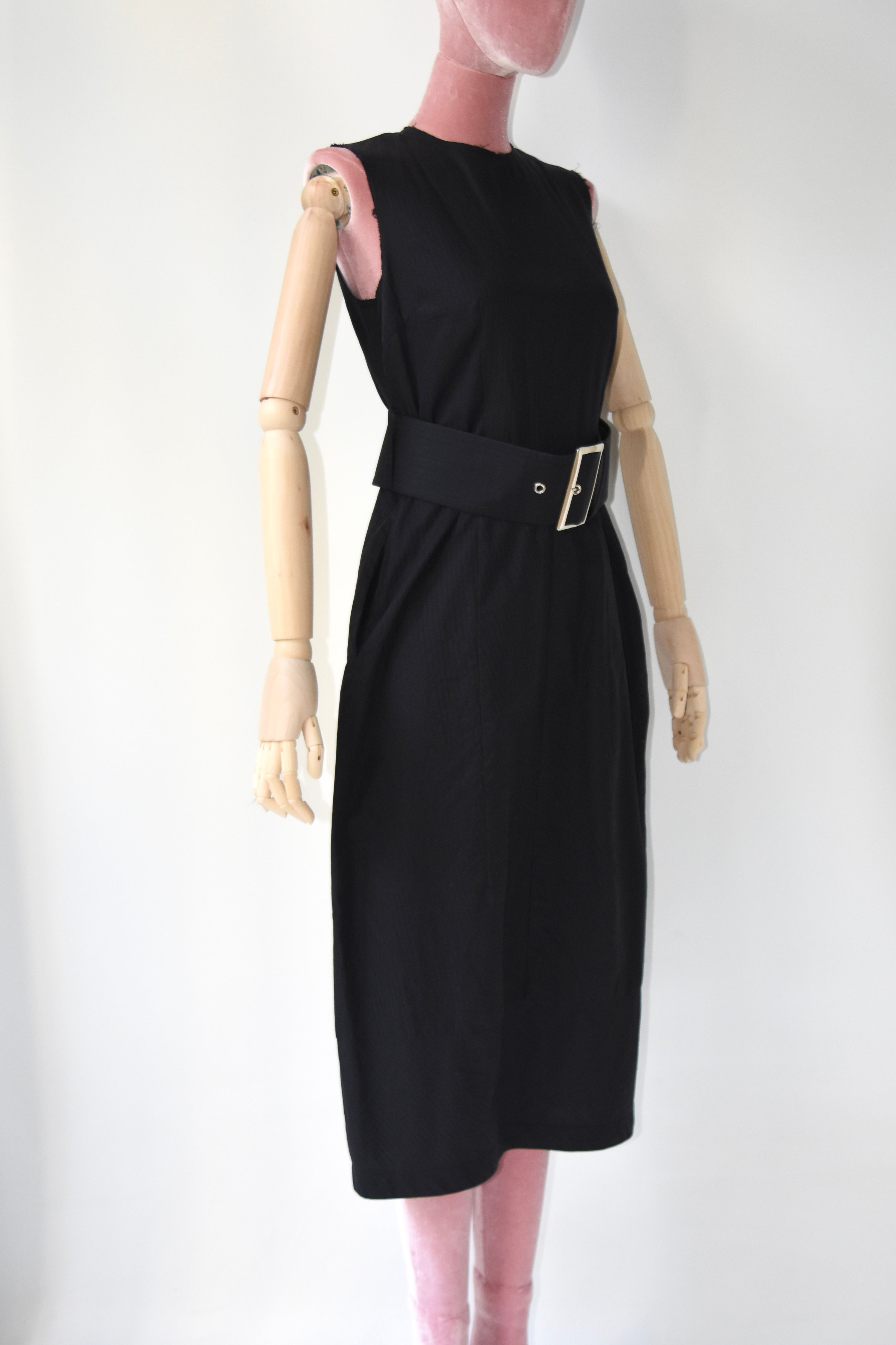 COMME des GARÇONS Runway Structured Belted Sleeveless Midi Dress – Black Avant-Garde Archive Piece
