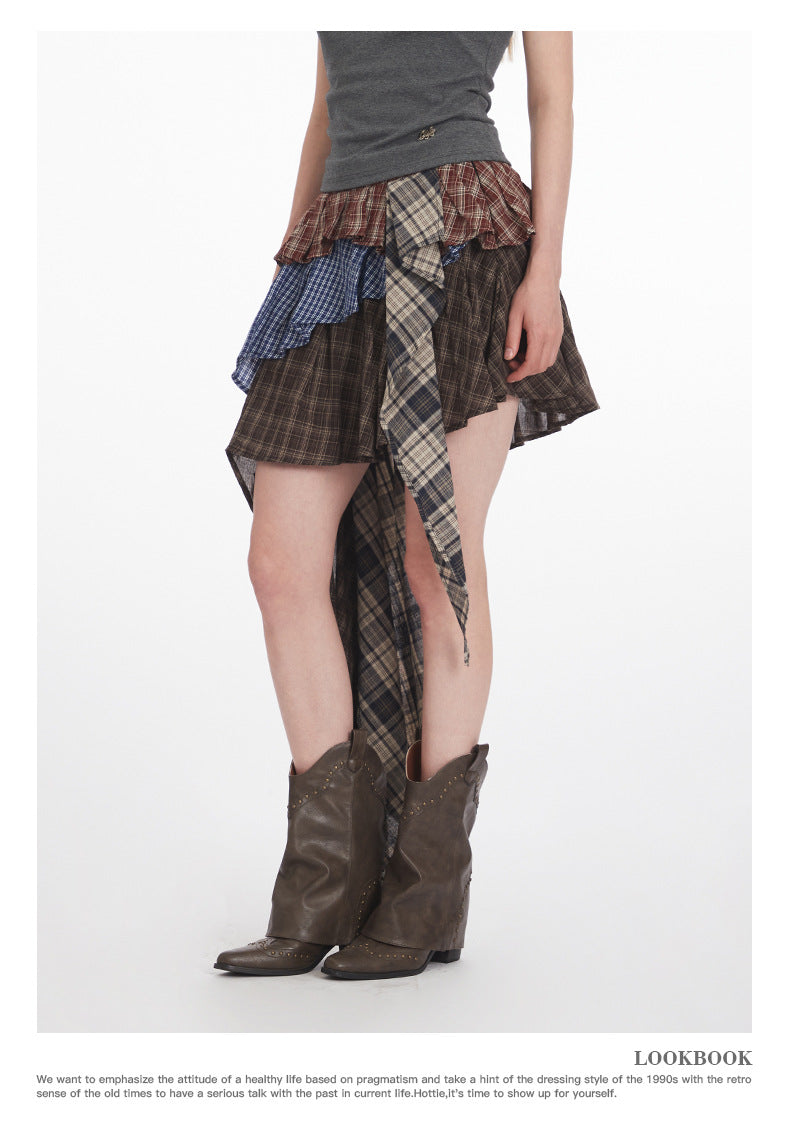 Irregular High Waist Plaid Patchwork Skirt for Women, Unique Sweet and Anti-Exposure Short Skirt