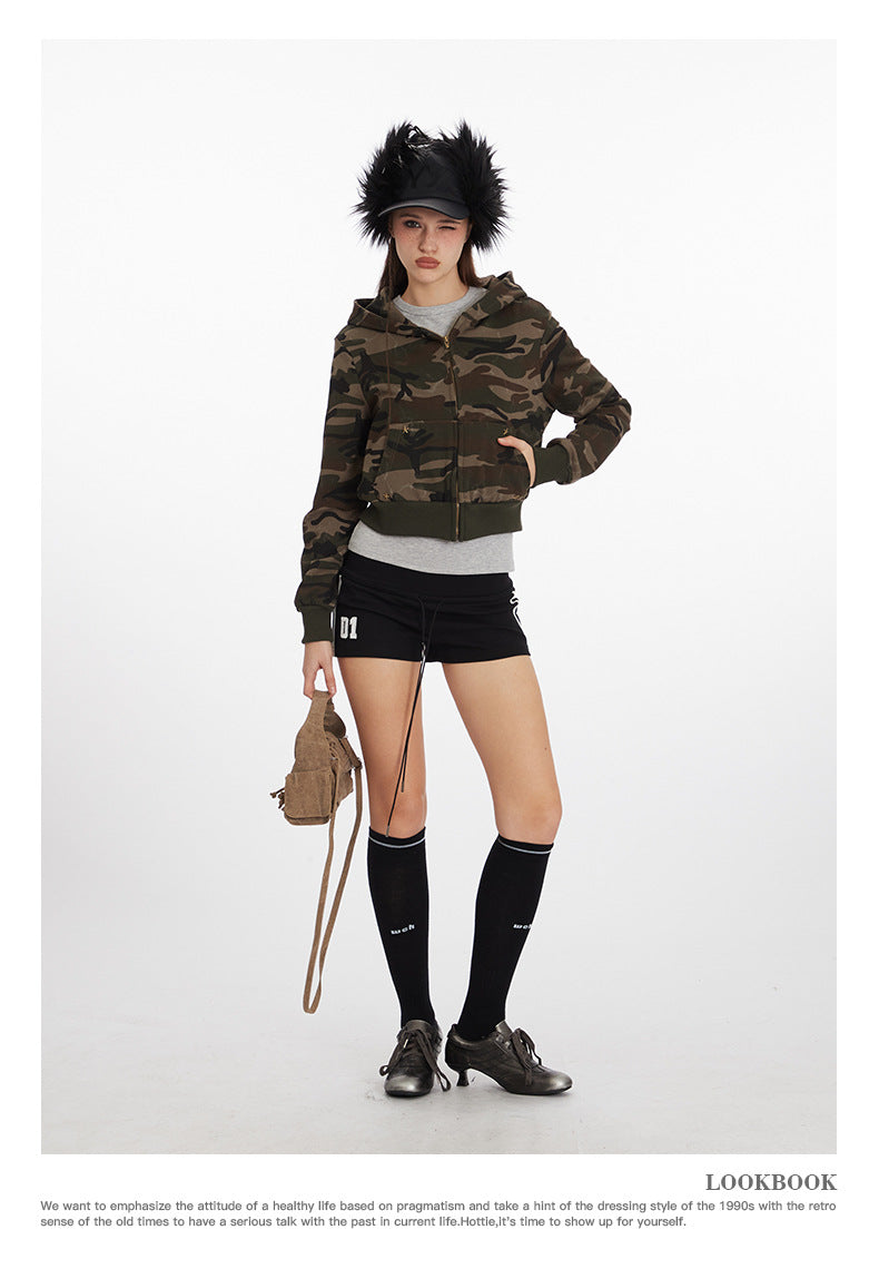 Camouflage short hot girl hooded sweatshirt for women2025Spring and Autumn Zipper Retro Cardigan Jacket