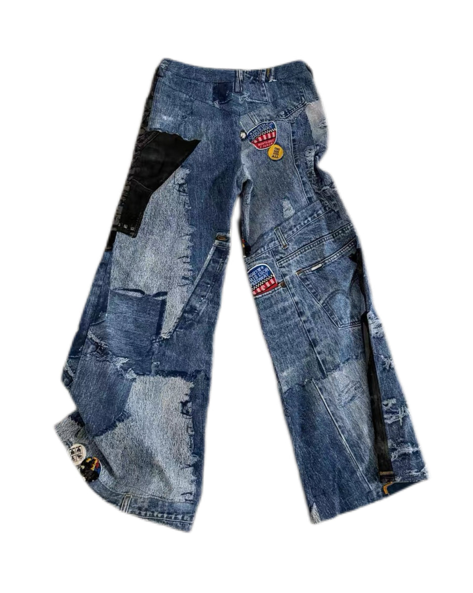 CHRISTIAN DIOR BY JOHN GALLIANO 2001 FW Miss Dior-ella Graffiti Patchwork Wide-Leg Jeans