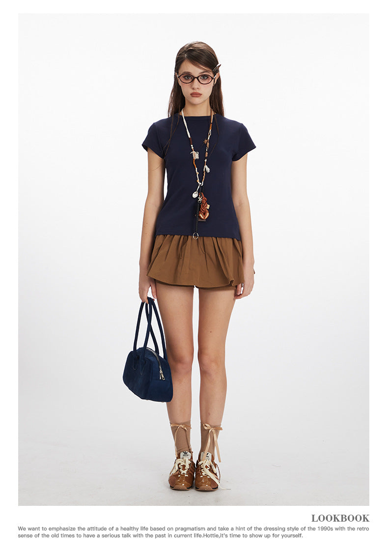 Basic Style Solid Color t Women's Short Sleeve Slim Fit Round Neck Short Top Summer