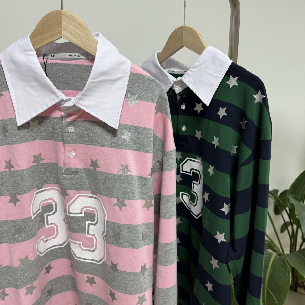 Korean Loose Pink and Grey Striped Polo Sweatshirt Top