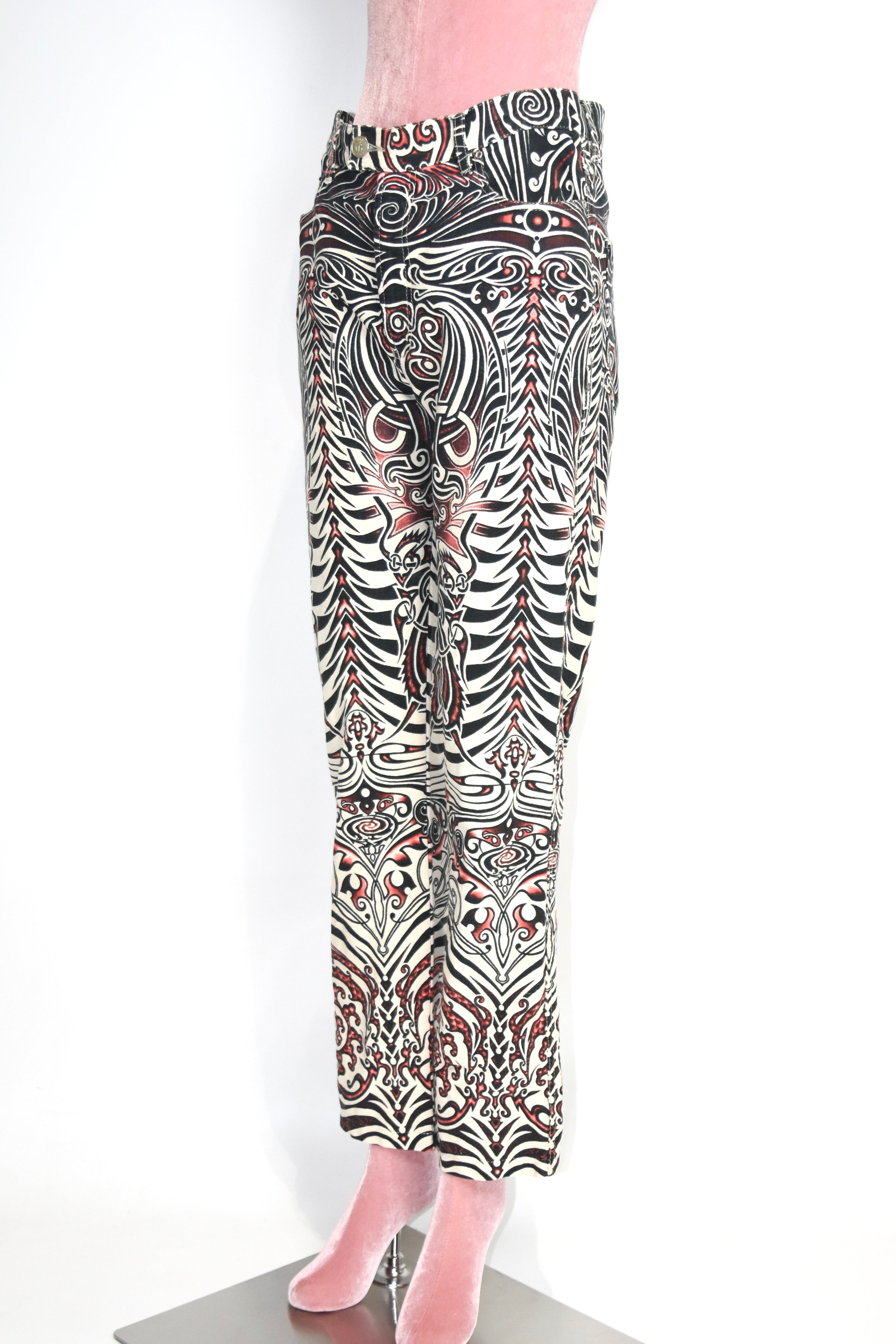 Jean Paul Gaultier Jeans Tribal Print Flared Trousers (Gothic Tattoo Swirl in Black–Red–Ivory)