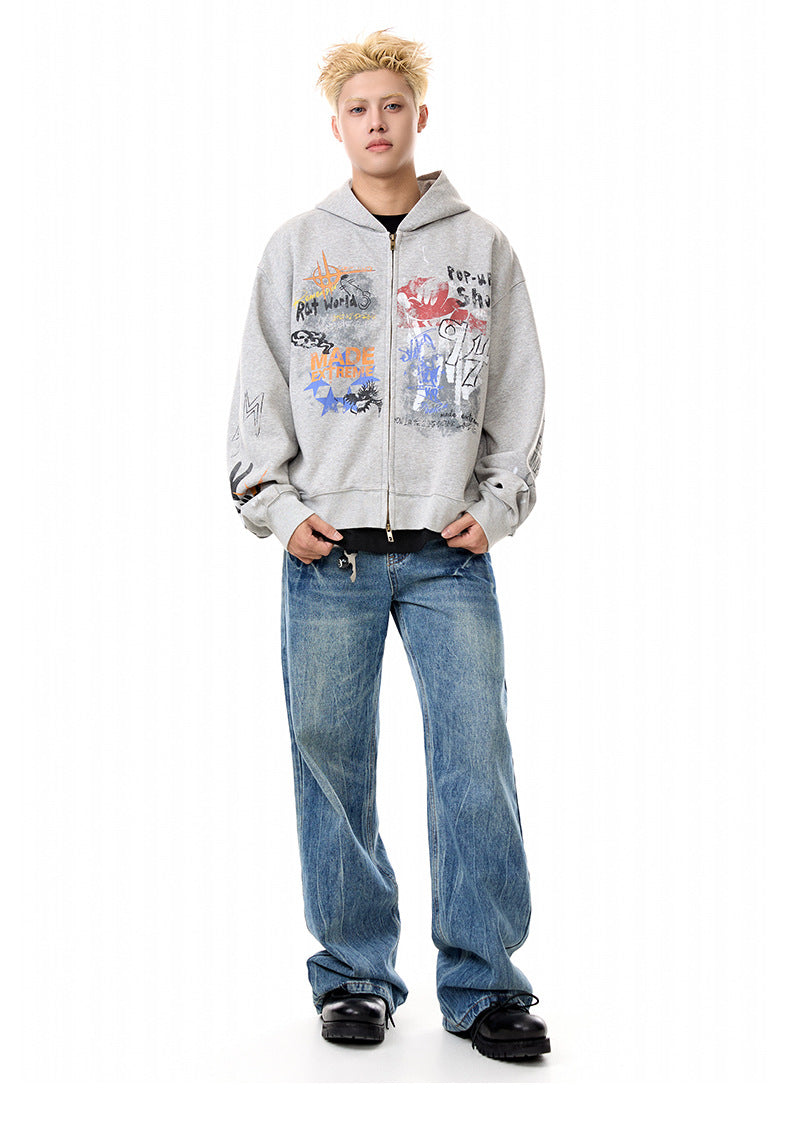 Street hip-hop graffiti sweatshirt for men and women, spring and autumn season oversize Trendy Hooded Cardigan Jacket