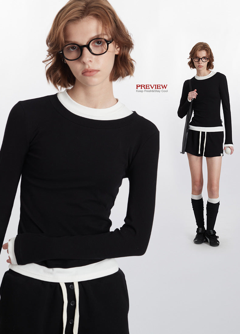 Color Block Trim Round Neck Long Sleeve T Women's New Slim Fit Shirt ins