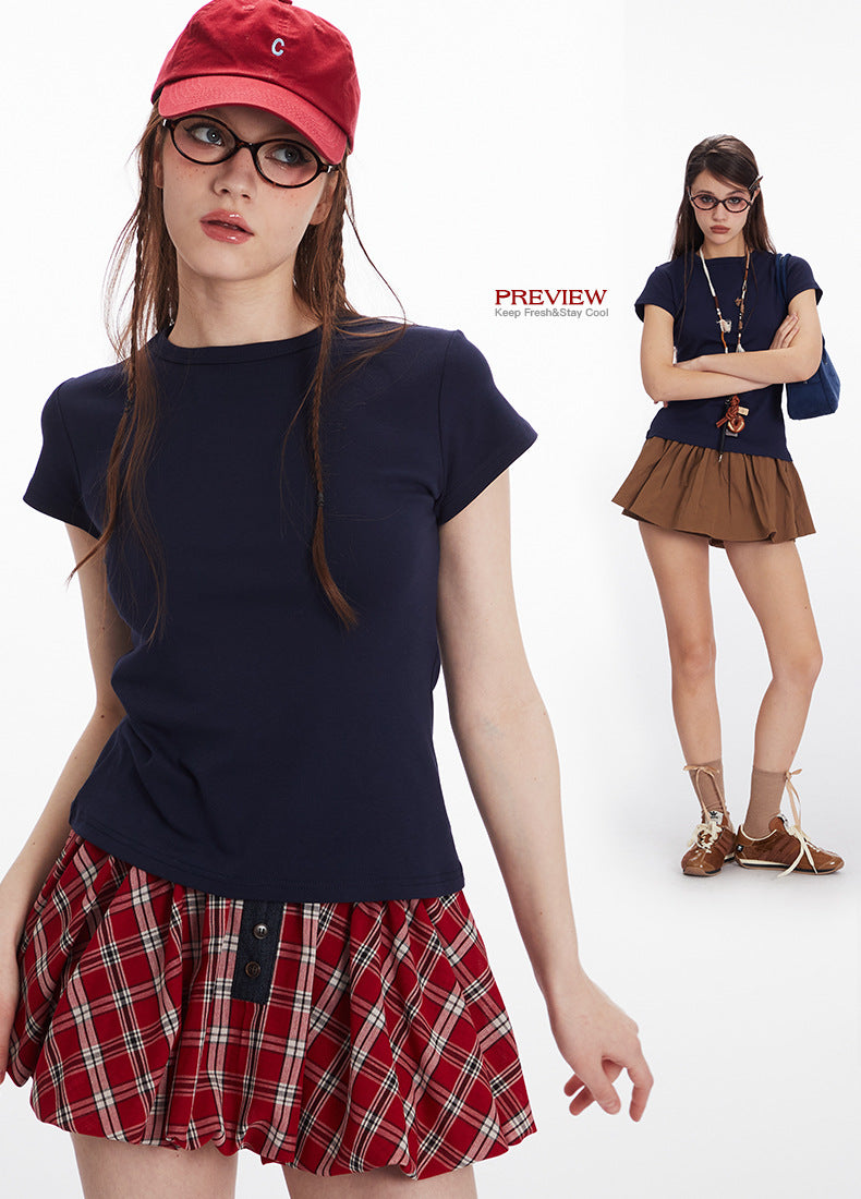 Basic Style Solid Color t Women's Short Sleeve Slim Fit Round Neck Short Top Summer