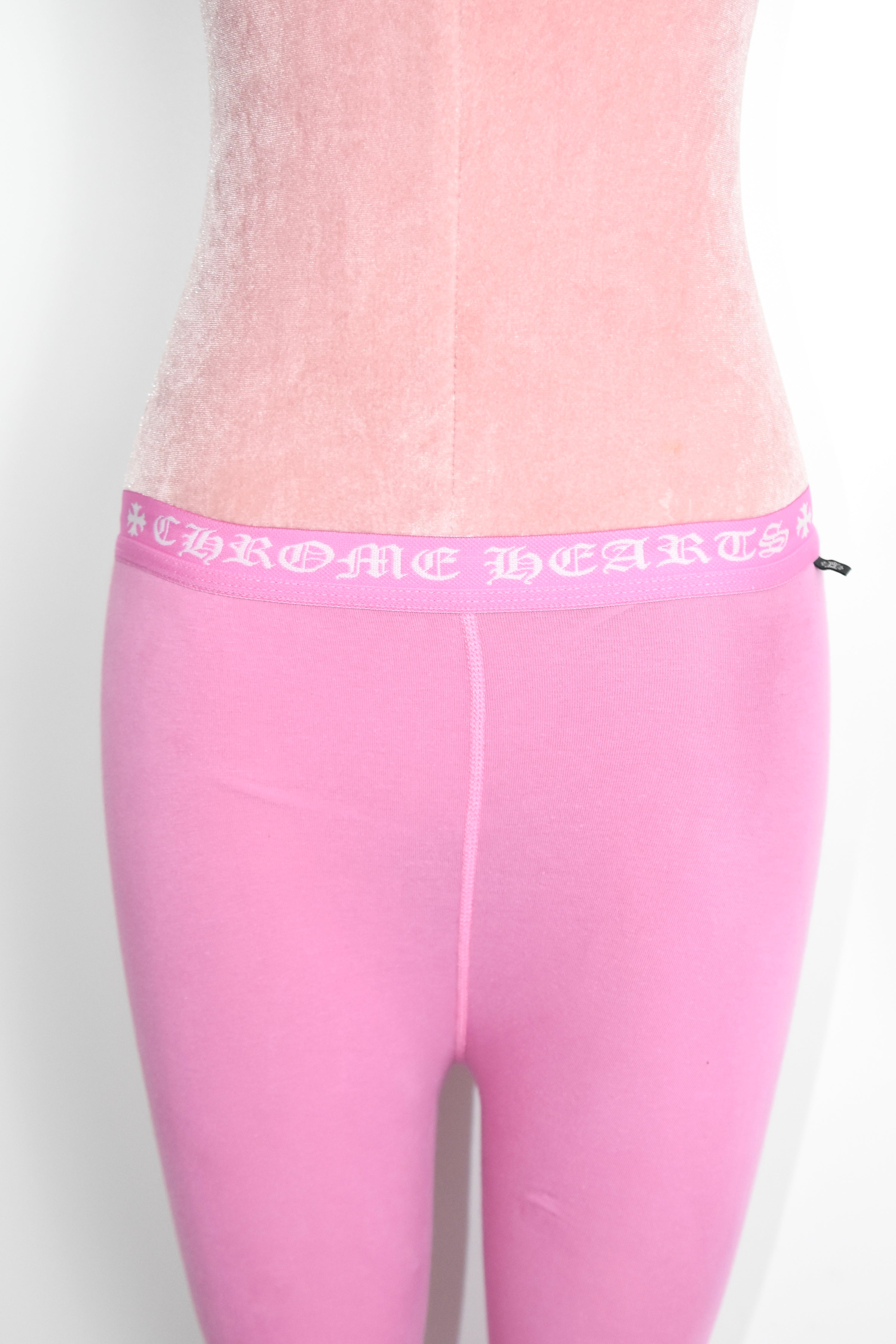 Chrome Hearts Pink Gothic Logo Leggings – Cross Shield Print Stretch Pants