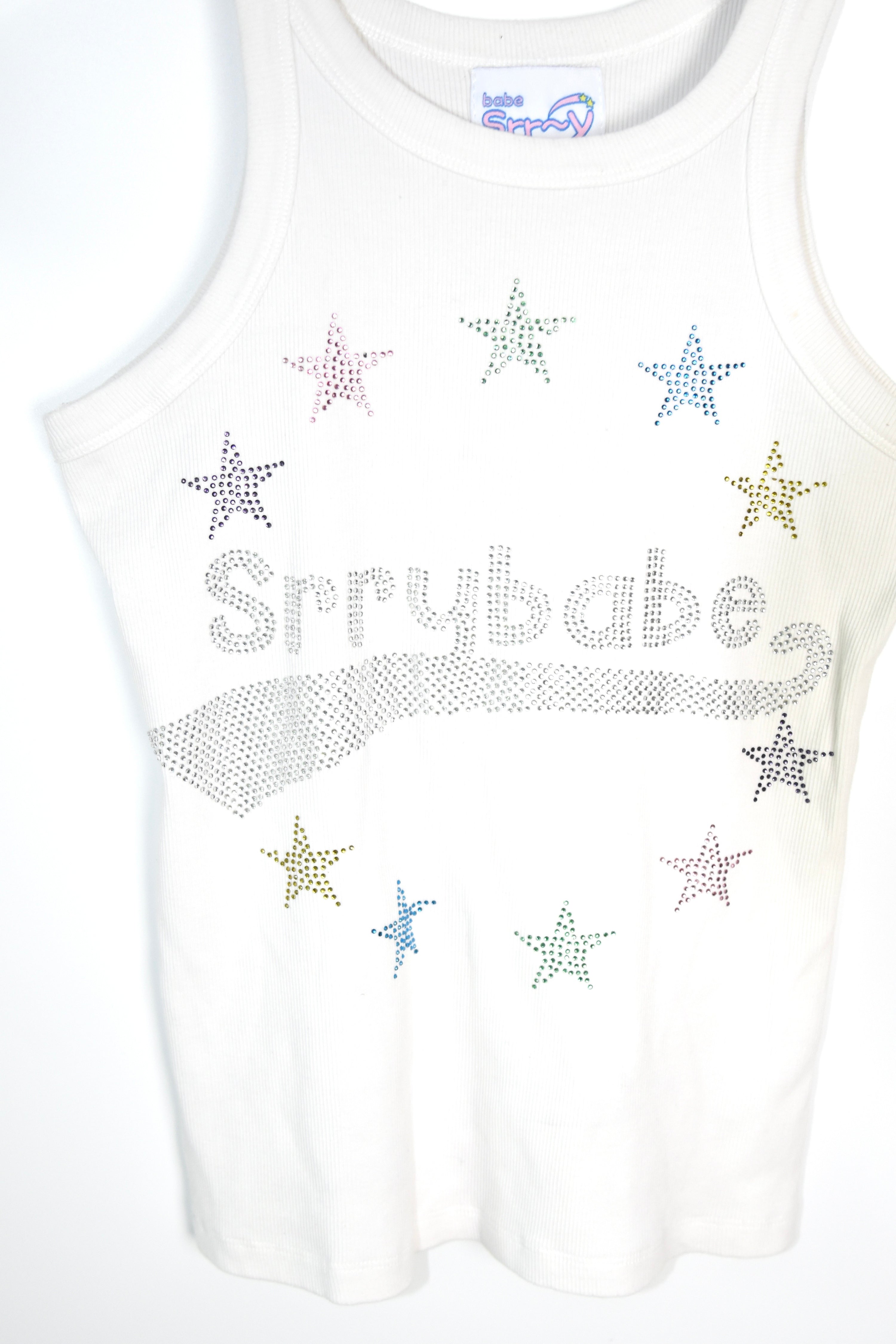 SorryBabe White Rhinestone Star Tank Top Y2K Sparkle Ribbed Vest