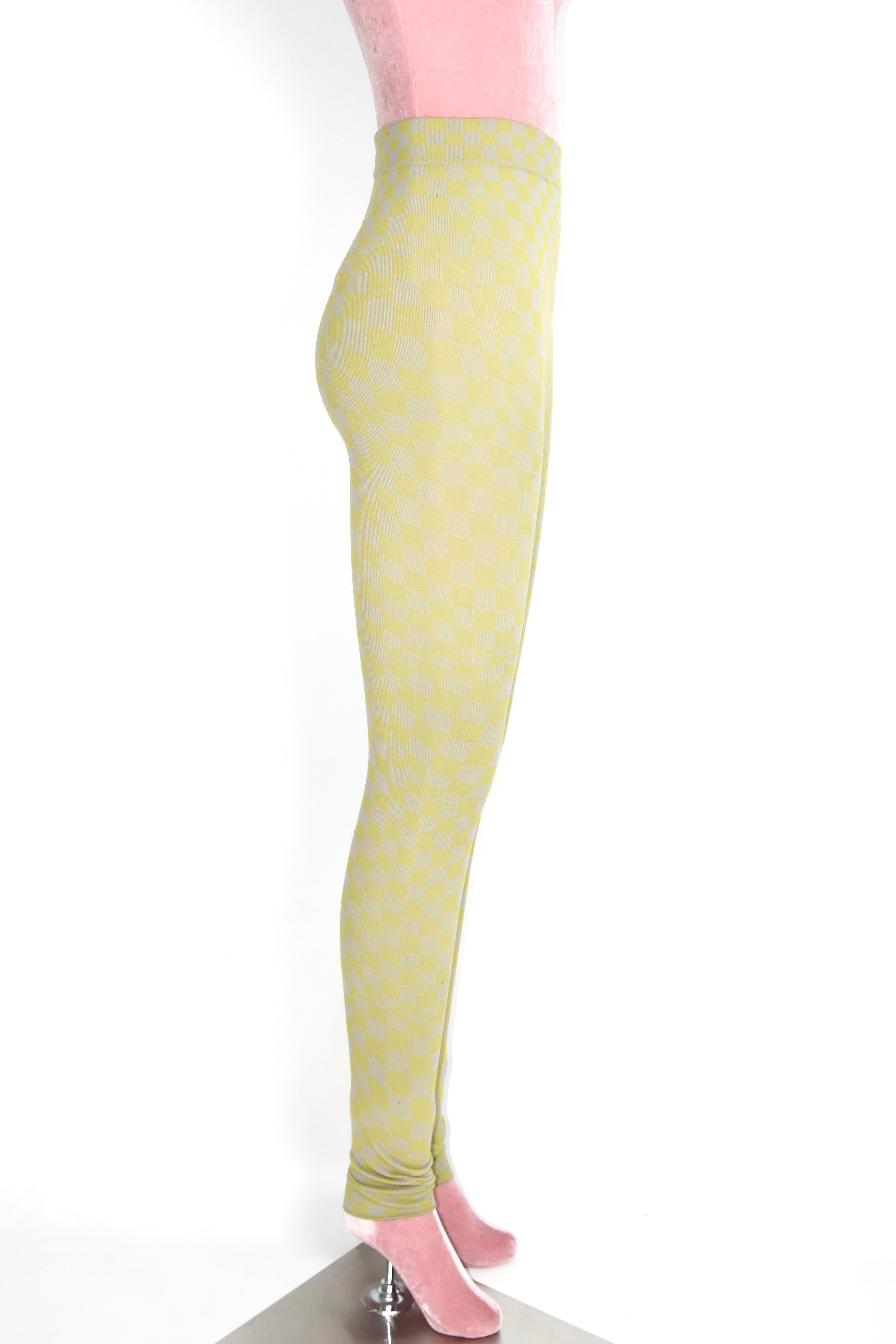 Off-White Yellow-Grey Checkered Knit Leggings