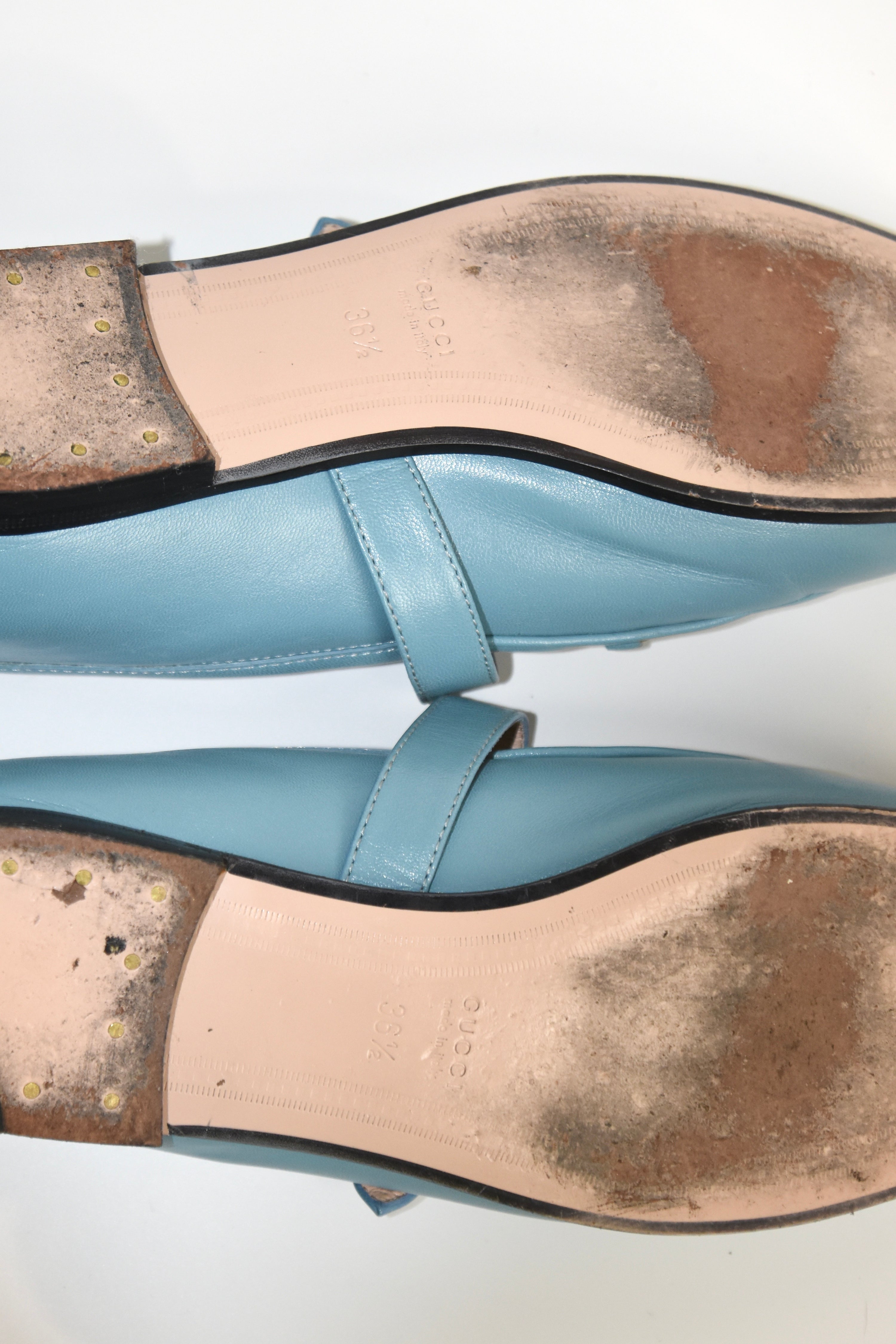 GUCCI Sky-Blue Leather Mary Jane Horsebit Loafers