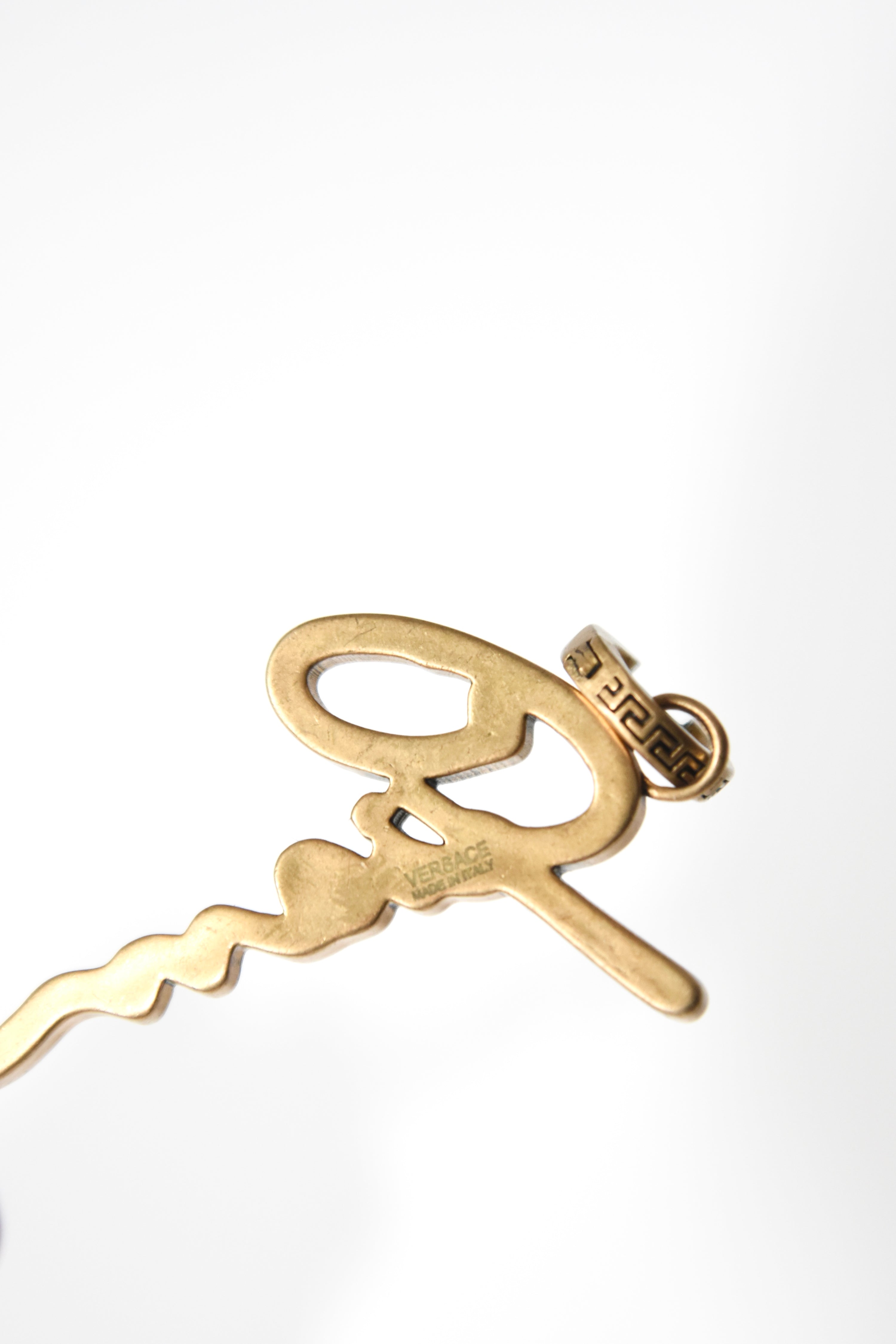 Gianni Versace Crystal Logo Drop Earrings – Vintage Gold Tone Statement Jewelry