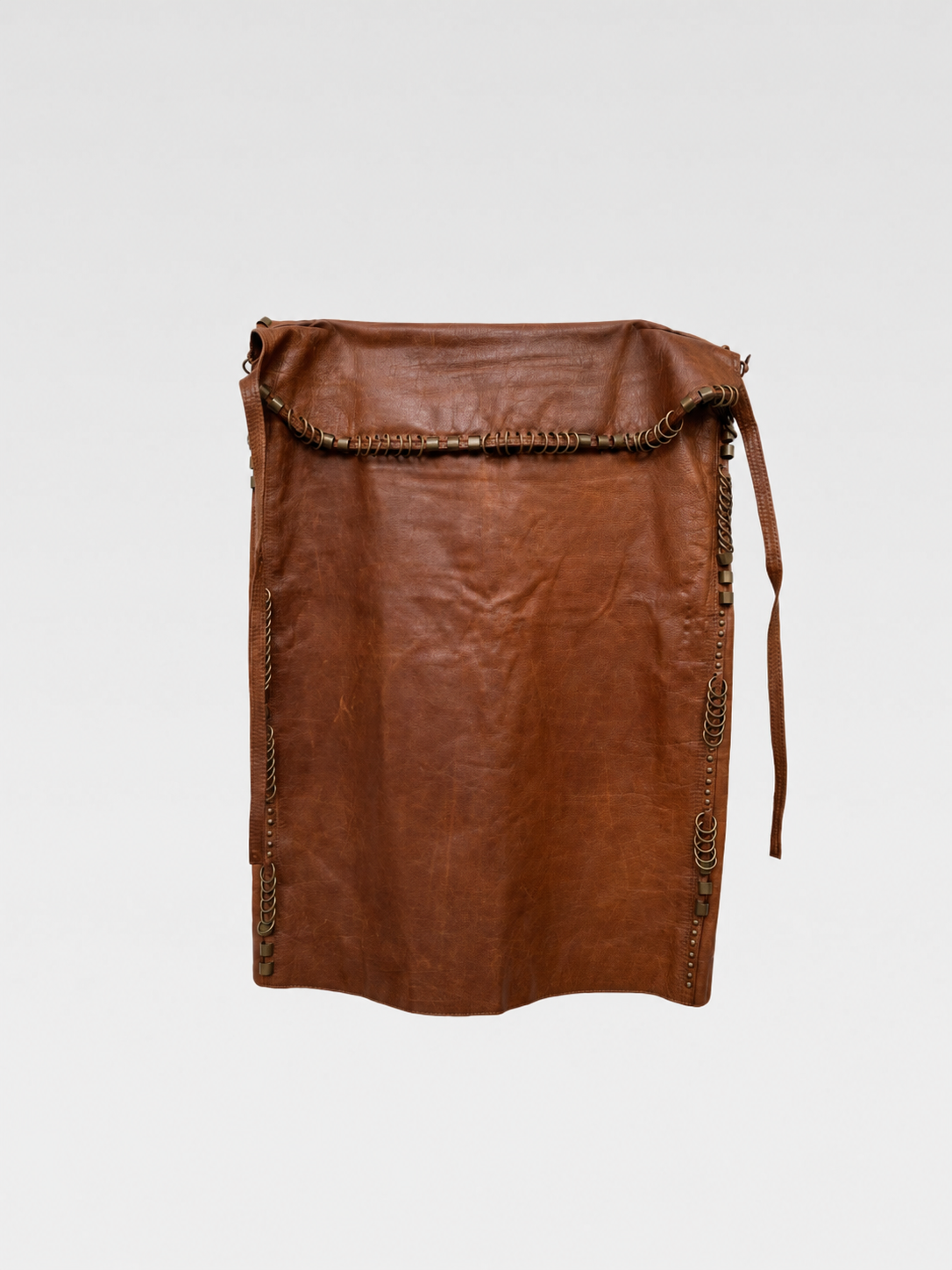Yves Saint Laurent by Tom Ford 2002 Runway Brown Leather Ring-Detail Skirt Metal Hardware Lace-Up Adjustable Rare Archive Piece
