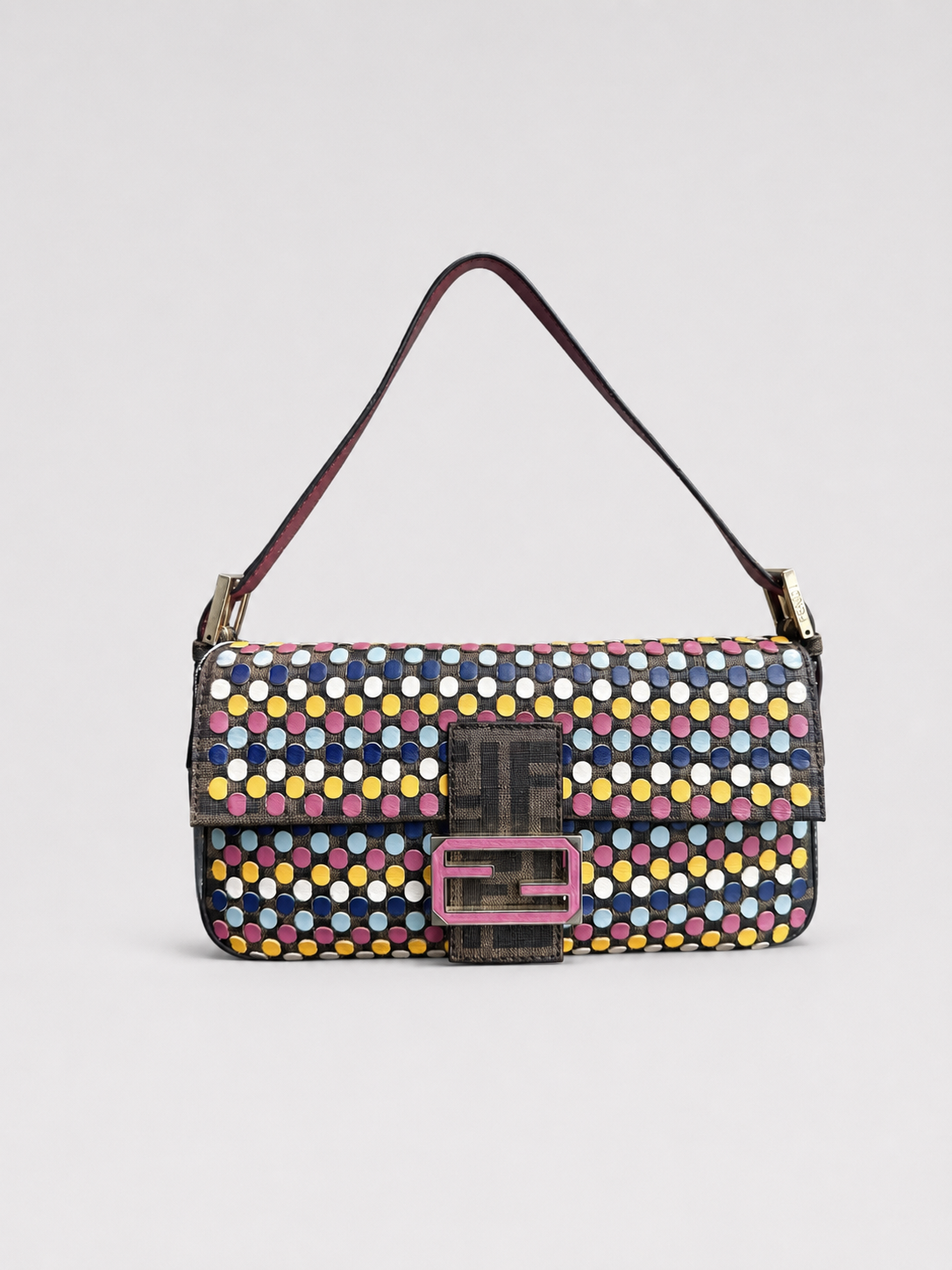 Fendi Multicolor Studded Baguette Bag – Zucca Monogram Leather & Rainbow Dot Embellished Archive Piece