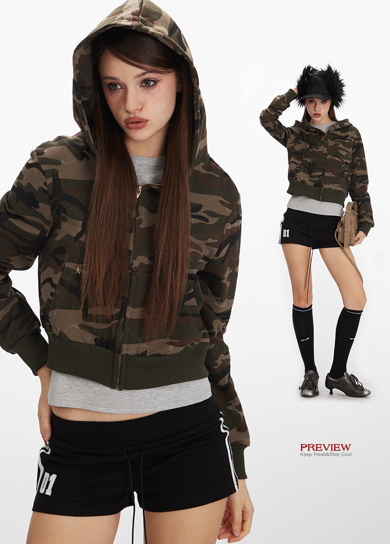 Camouflage short hot girl hooded sweatshirt for women2025Spring and Autumn Zipper Retro Cardigan Jacket