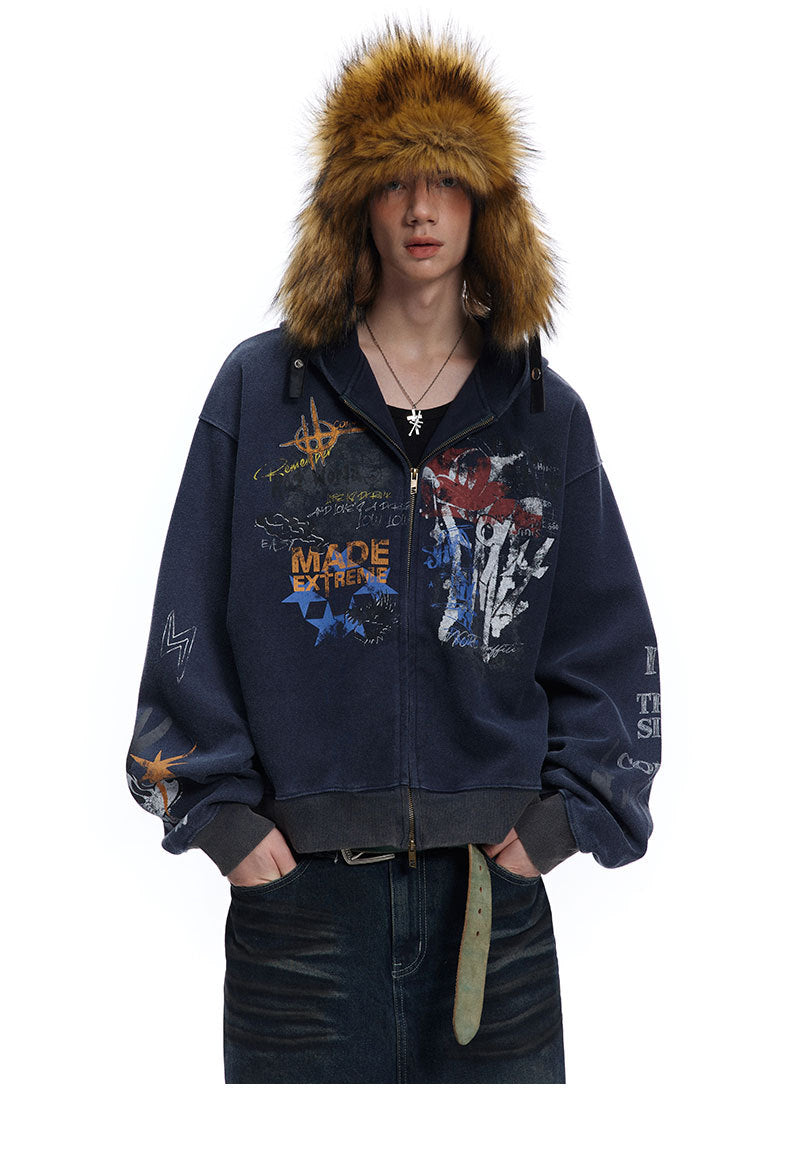 Street hip-hop graffiti sweatshirt for men and women, spring and autumn season oversize Trendy Hooded Cardigan Jacket