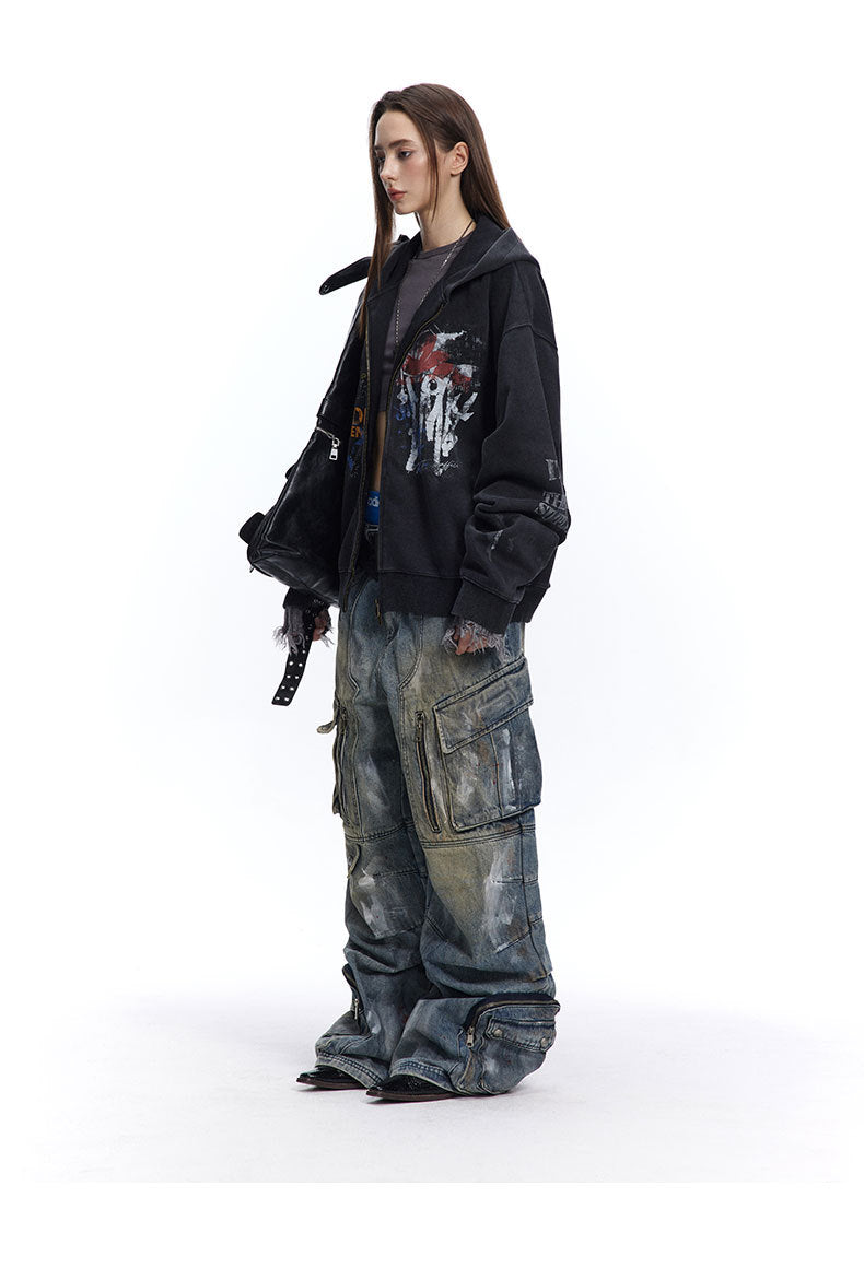 Street hip-hop graffiti sweatshirt for men and women, spring and autumn season oversize Trendy Hooded Cardigan Jacket