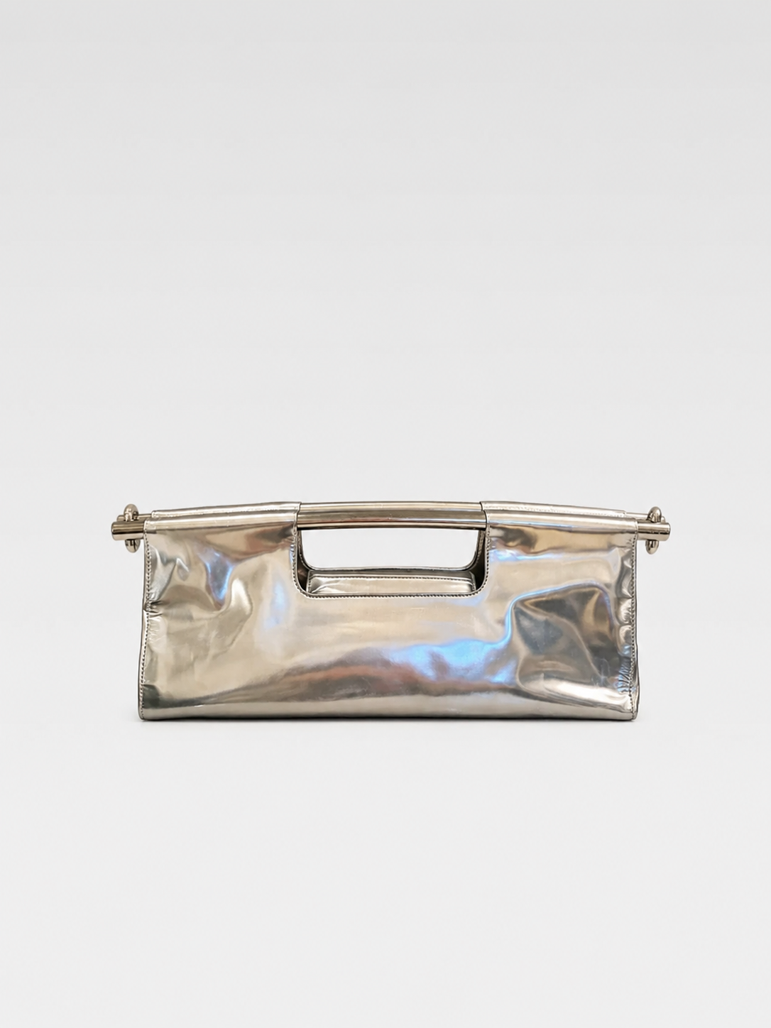 Prada Runway Metallic Silver Leather Shoulder Bag with Sculptural Metal Bar Handle – Futuristic Archive Piece