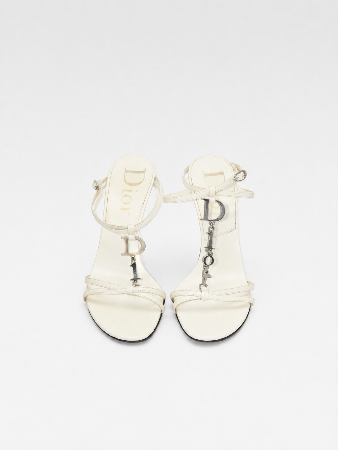 Christian Dior by John Galliano D-I-O-R Charm Strap Heeled Sandals – Vintage White Leather Designer Heels