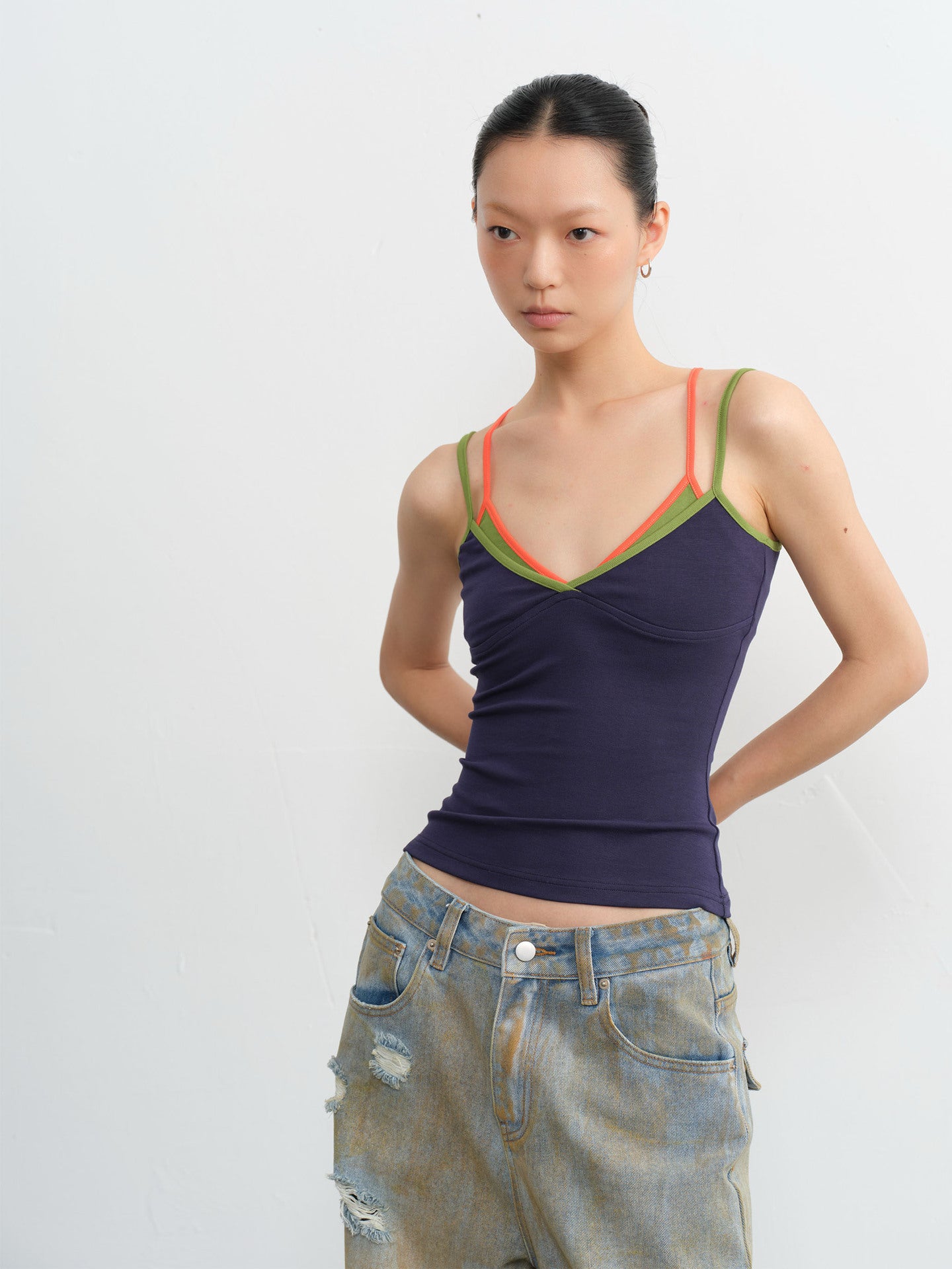 Fake Two-Piece Camisole Summer Color Block Vest Top for Women