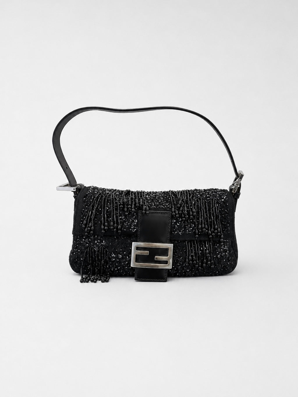 Fendi Vintage Beaded Sequin Baguette Bag Black Fringe Embellished Rare Evening Shoulder Bag