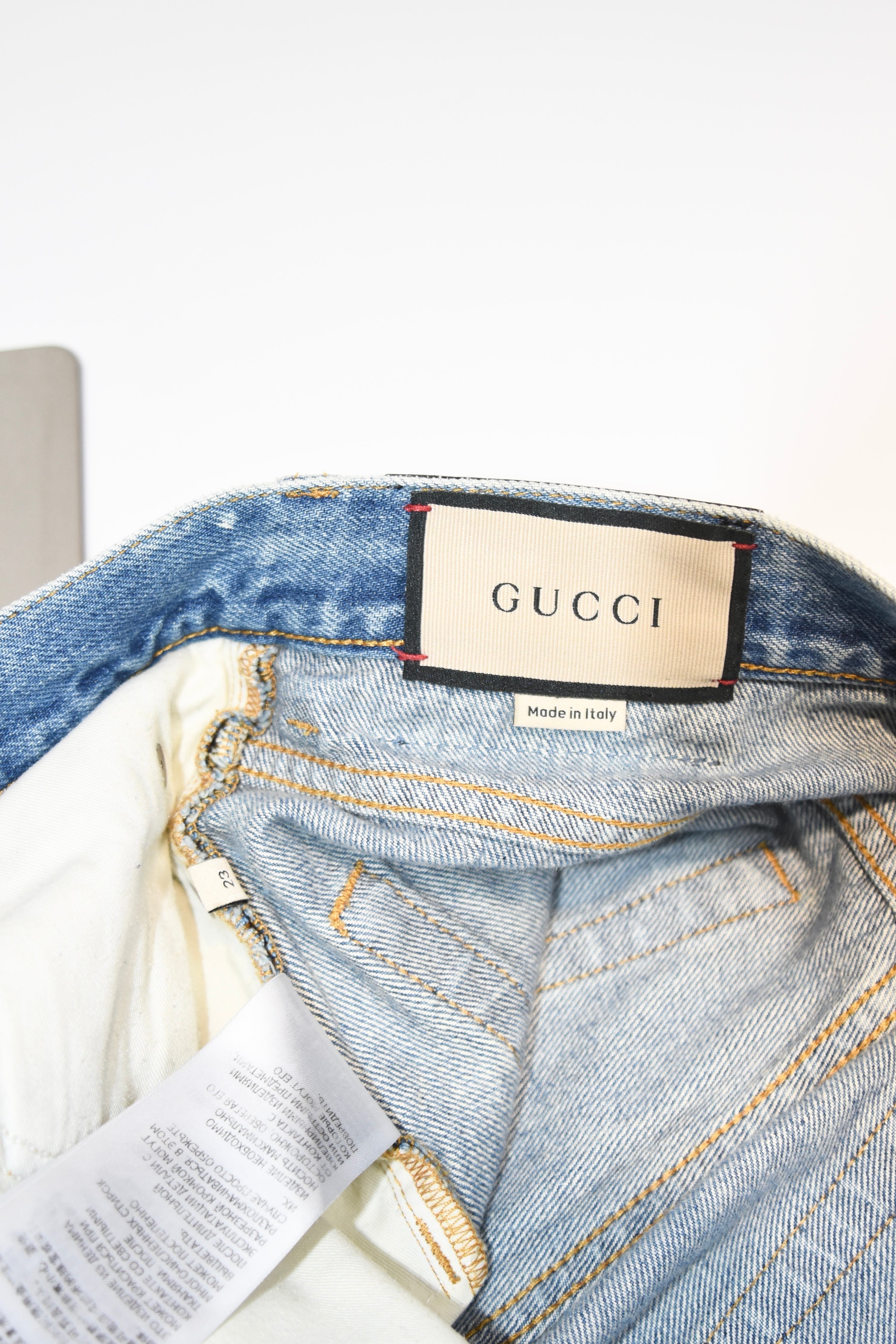 Gucci Distressed Flared Denim Jeans – Light Wash High Waist Destroyed Bootcut Pants