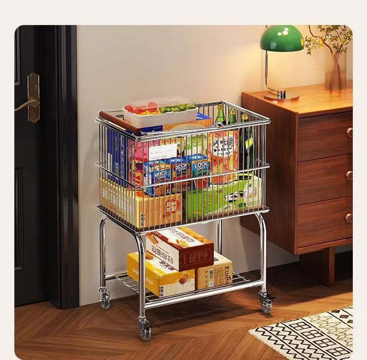 Vintage Style Double-Layer Mobile Laundry Basket for Home Bathroom Clothes Storage Bin High-Value Light Luxury Storage Rack