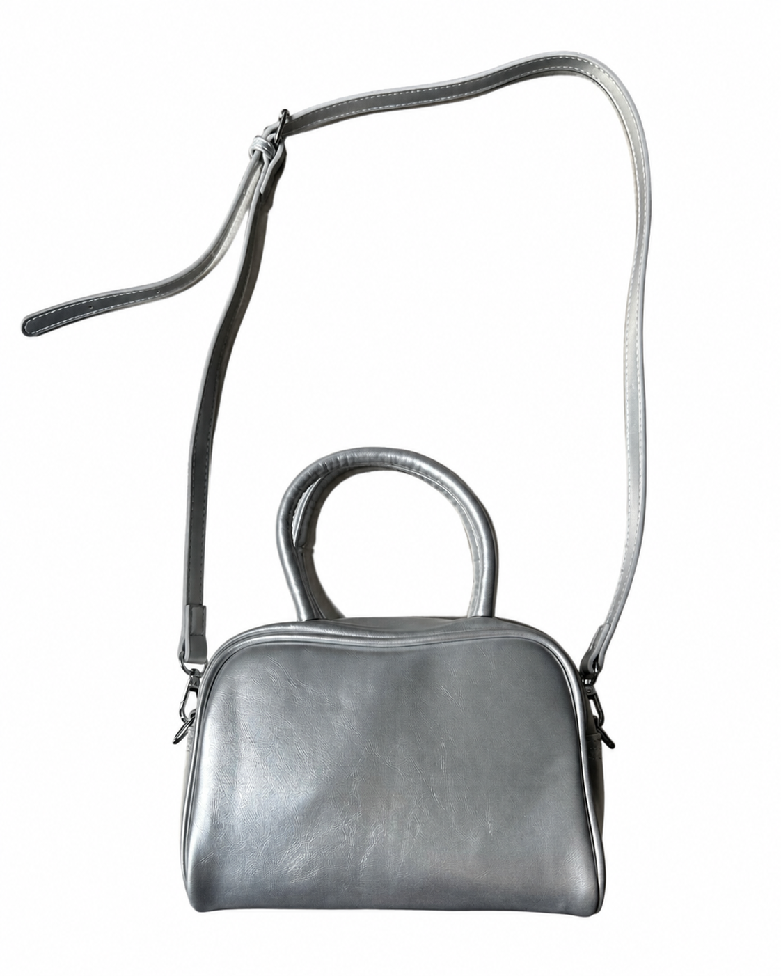 Silver Korean-Style Top Handle & Crossbody Bag with Handmade Seashell & Conch Wine Bottle Keychain Charm Set