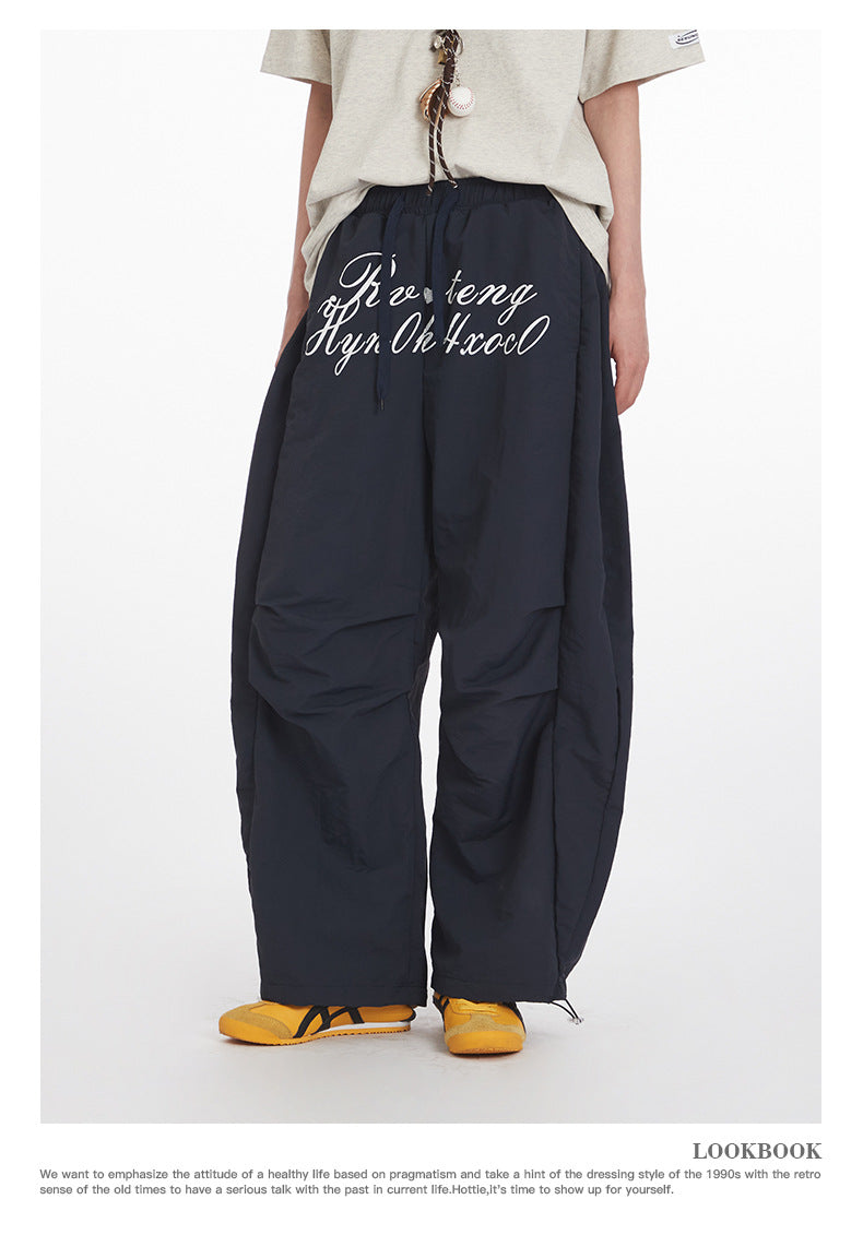 Men's Letter Print Pleated Casual Pants Women's Trendy Loose Cargo Wide-Leg Scimitar Pants