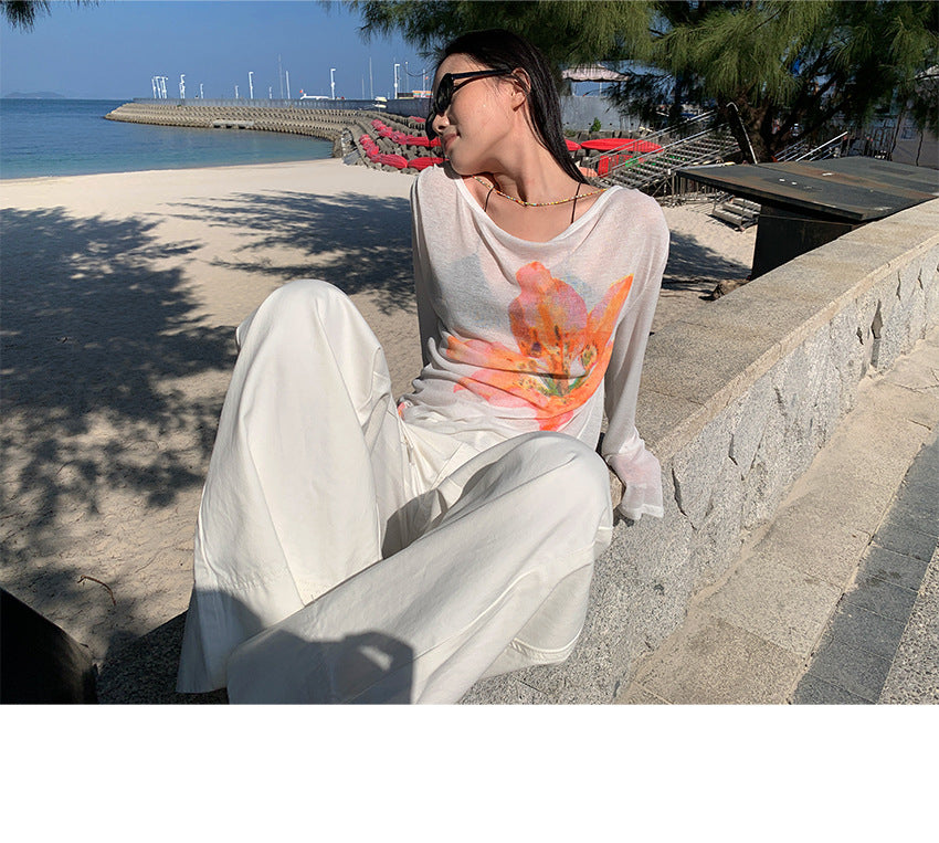 Sweet and Versatile Floral Women's T-shirt Spring Long Sleeve Loose Top