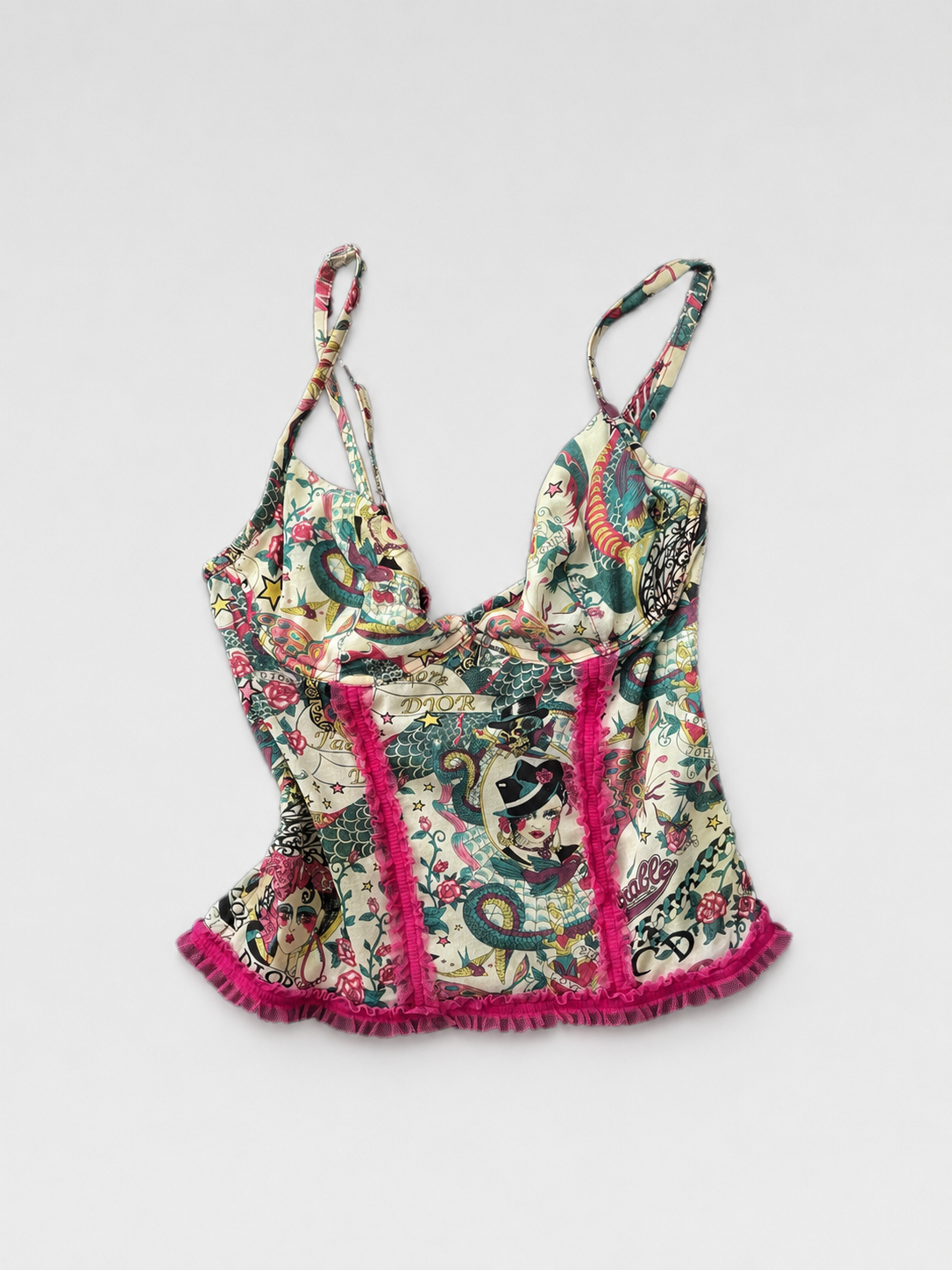 Christian Dior by John Galliano Archive 2004 Gitanes Spanish Girl Print Silk Corset Top