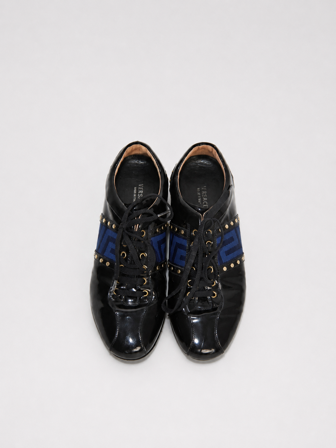 Versace Patent Leather Studded Lace-Up Sneakers – Size 37 (Made in Italy / Blue Greek Key / Archive)