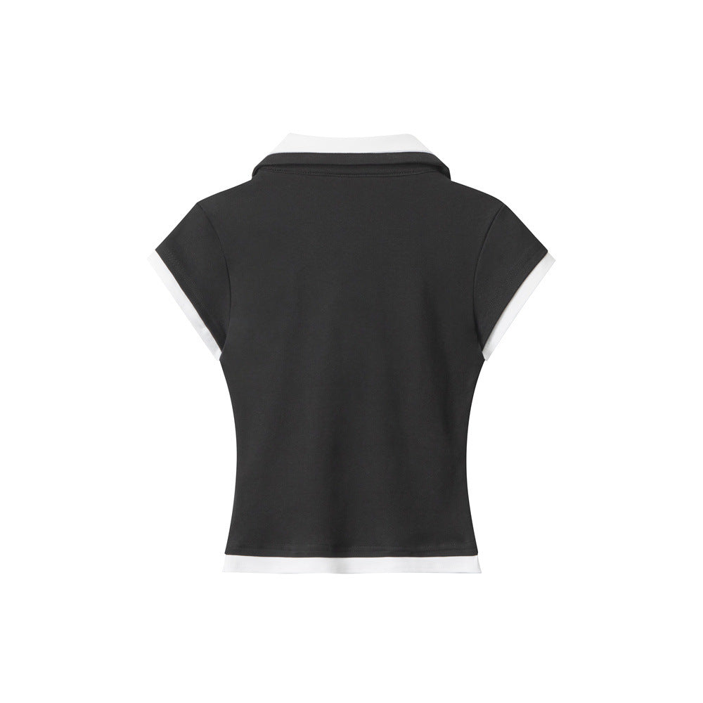Slim Fit Short Polo Shirt Short Sleeve T Women's Summer Turn-Down Collar Fake Two-Piece Regular Shoulder Top