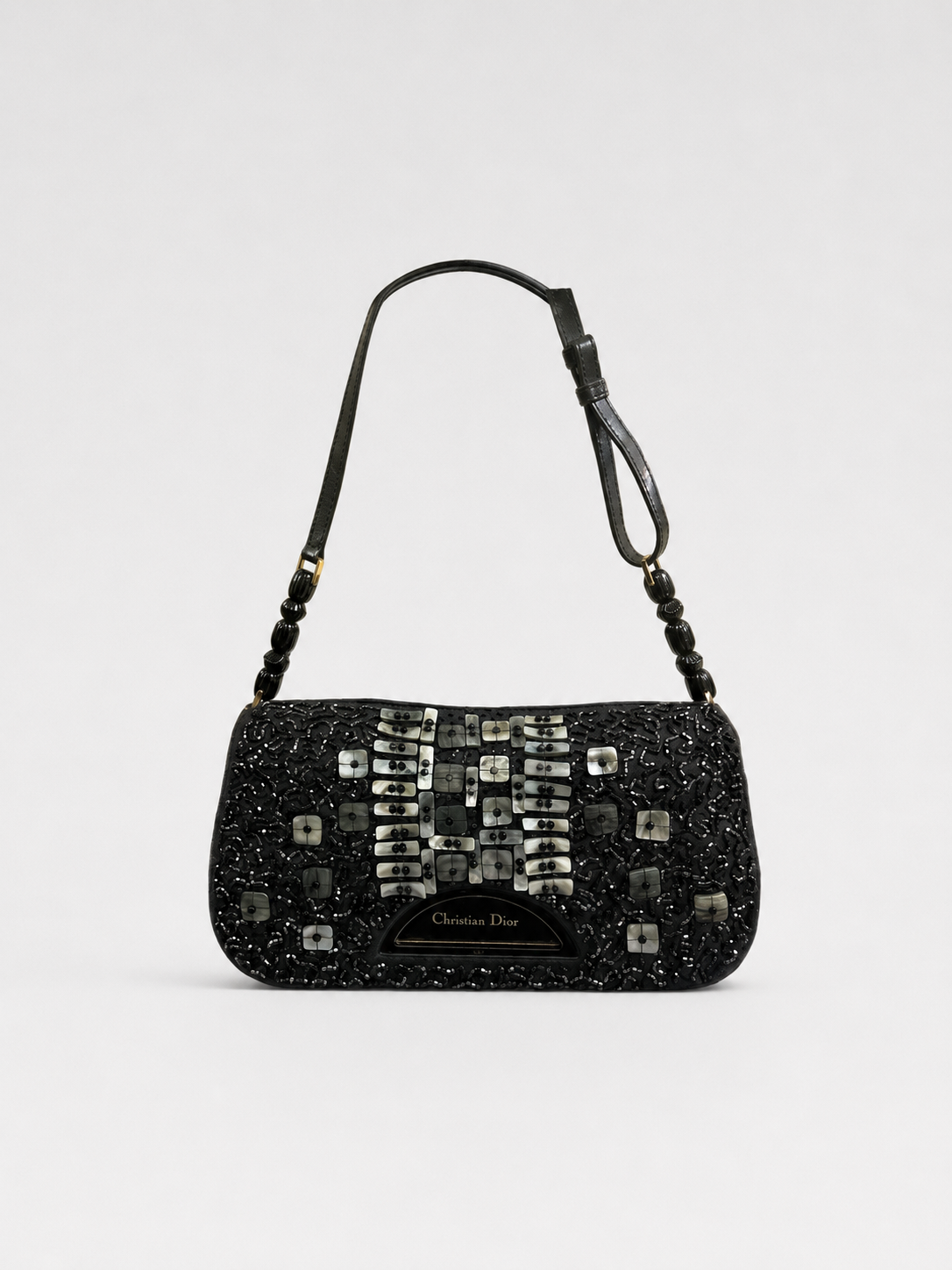 Christian Dior by John Galliano Limited Edition Beaded Mother-of-Pearl Half Moon Bag – Black Velvet Embroidered Runway Shoulder Bag (1 of 880)