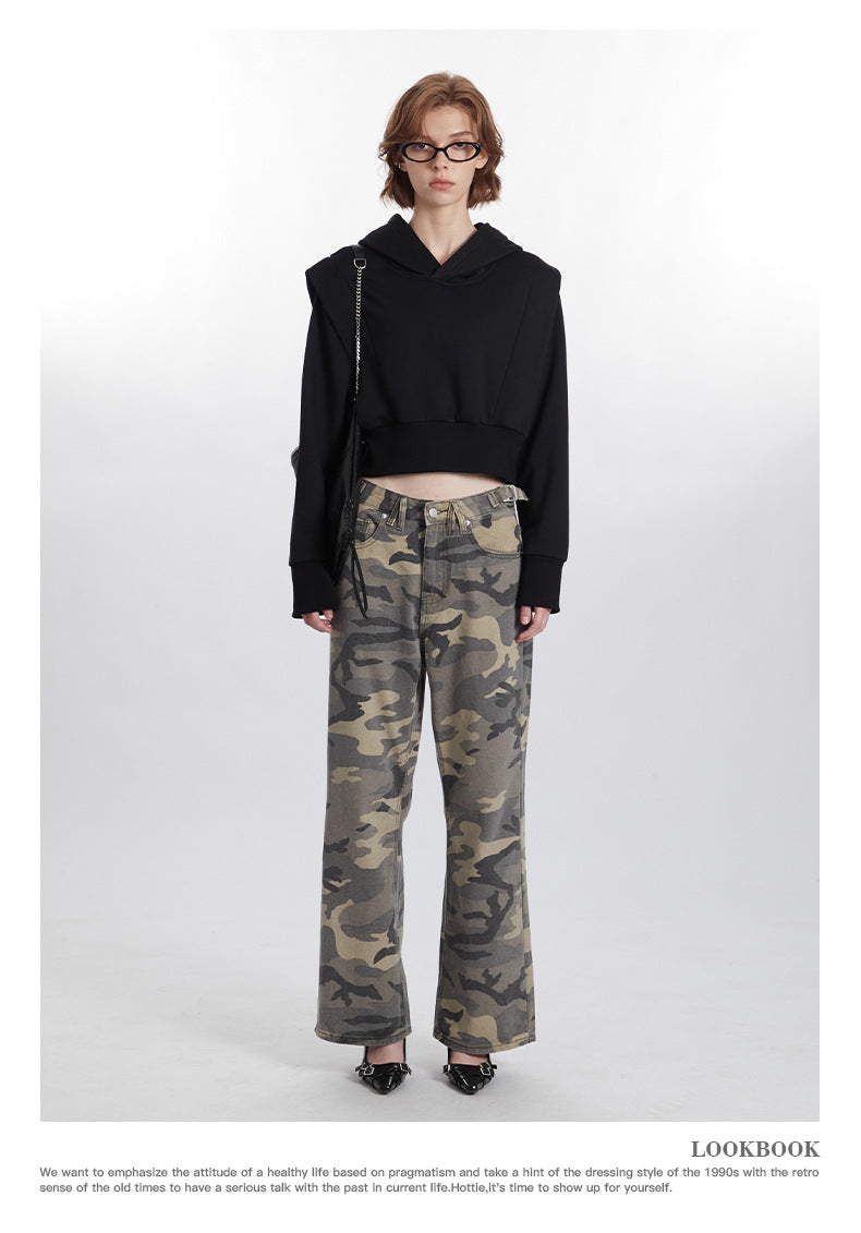 Black and Grey Cotton Poll Over Crop Hoodie Women's