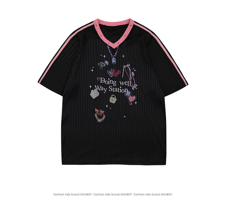 Sweet Sports Jersey V Collar pink short sleeves Unisex T-shirt 2025 Summer Fashion Trend