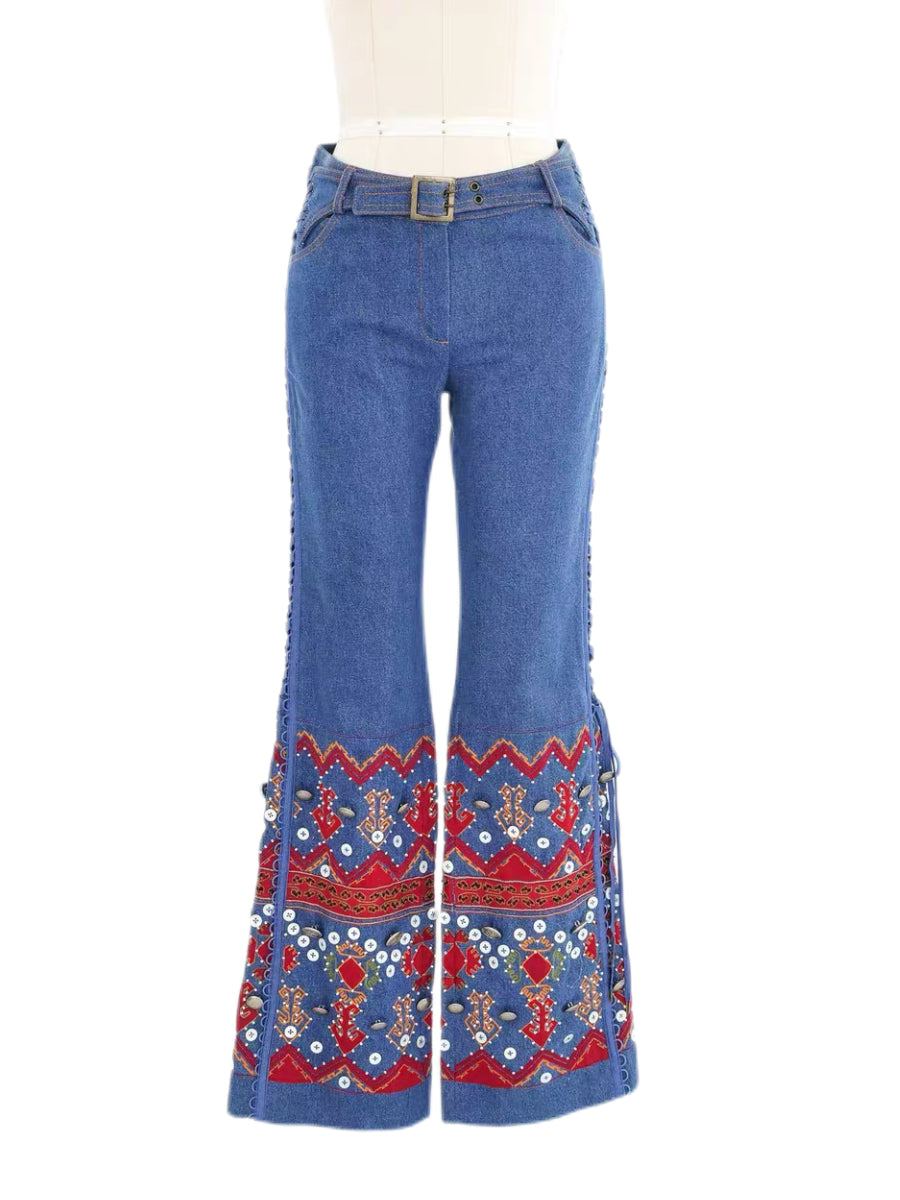 CHRISTIAN DIOR BY JOHN GALLIANO 2002 Runway Embroidered Denim Lace-Up Trousers with Mother-of-Pearl & Metal Waist Plaque