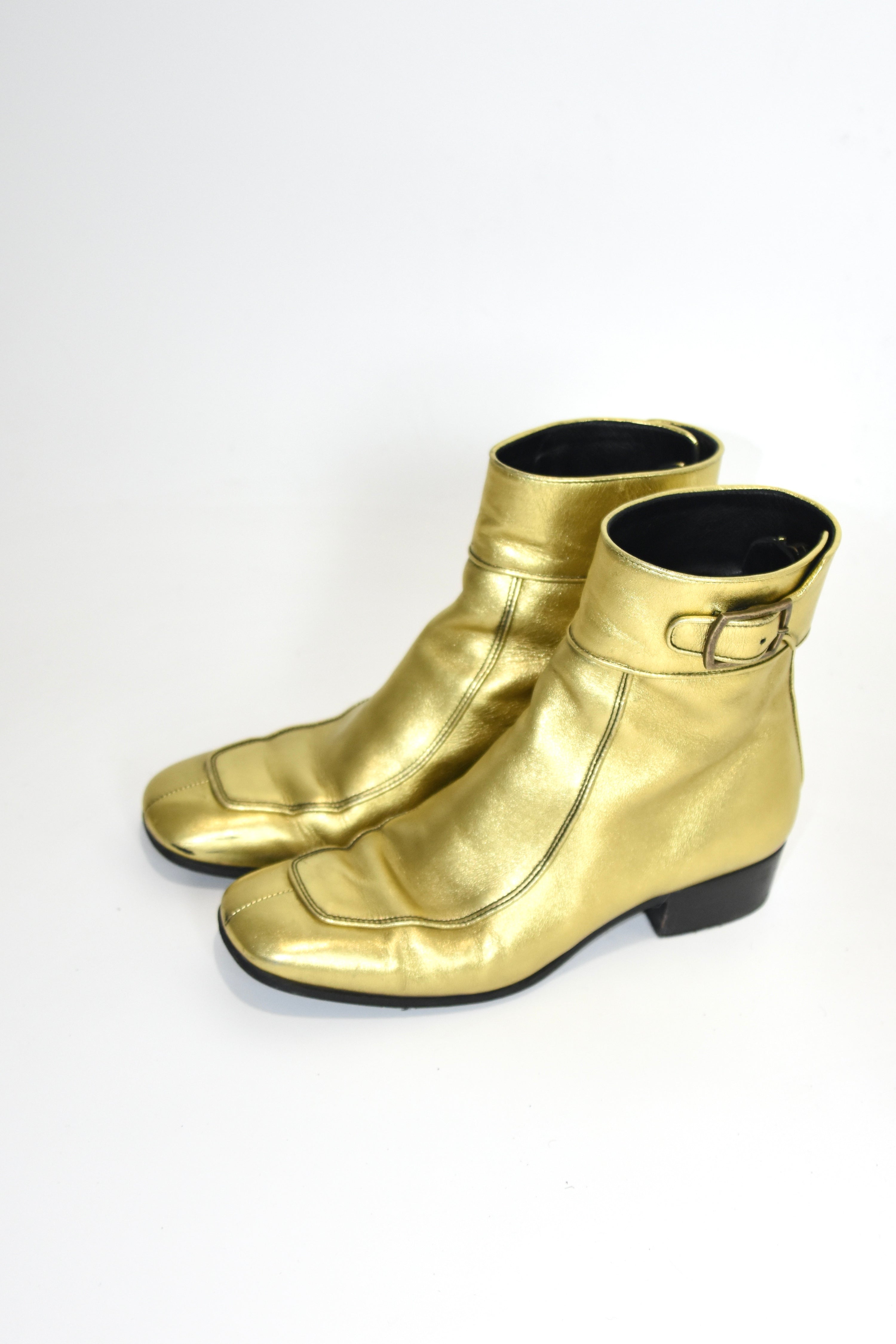 Saint Laurent Gold Sculpted Leather Ankle Boots