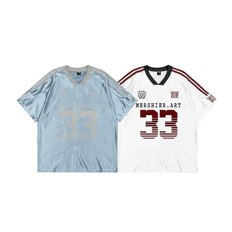 Smooth Touch Retro V Collar Patchwork Number 33 Short Sleeve Football Sports T-Shirt