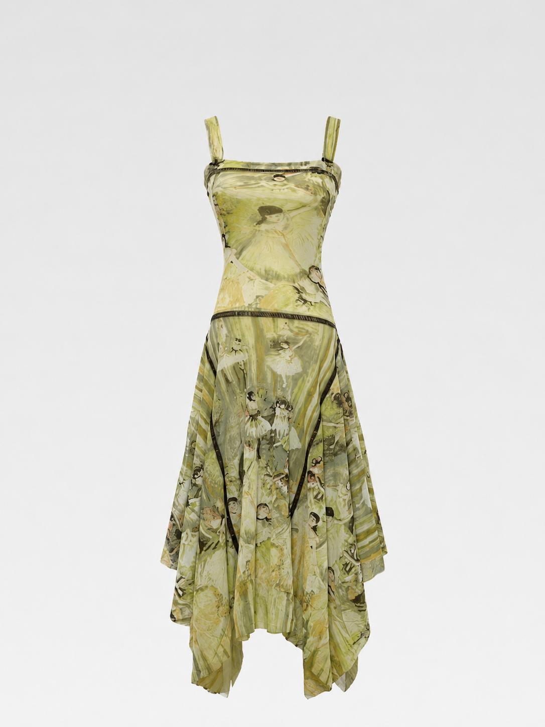 Jean Paul Gaultier Ballerina-Print Draped Mesh Dress with Asymmetric Hemline (Maille Femme, Vintage Size S)