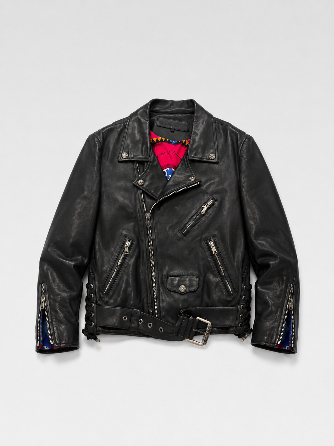 Chrome Hearts Black Leather Rider Jacket with Hermès Silk Scarf Lining – Rare Archive Biker Jacket