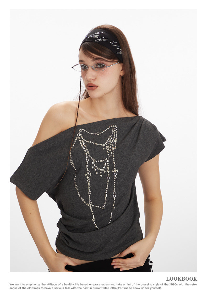 Off-shoulder design one-shoulder spicy short style T-shirt 2025 New summer short-sleeved off-shoulder top for women