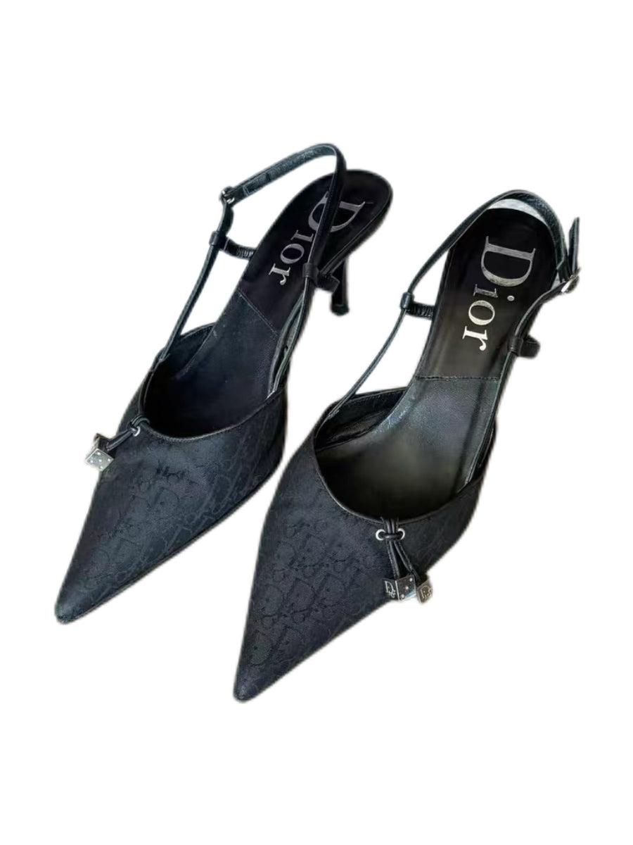 CHRISTIAN DIOR BY JOHN GALLIANO Rare Black Oblique Dice Monogram Pointed-Toe Slingback Heels
