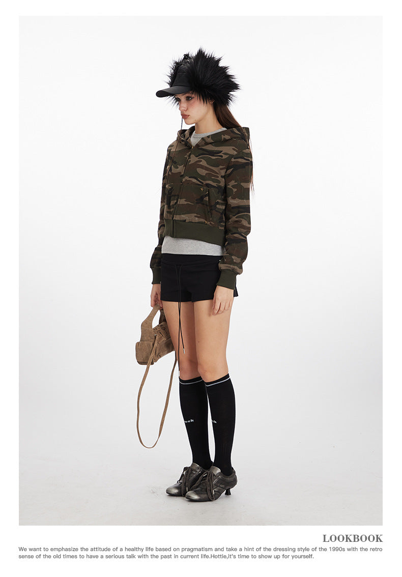 Camouflage short hot girl hooded sweatshirt for women2025Spring and Autumn Zipper Retro Cardigan Jacket
